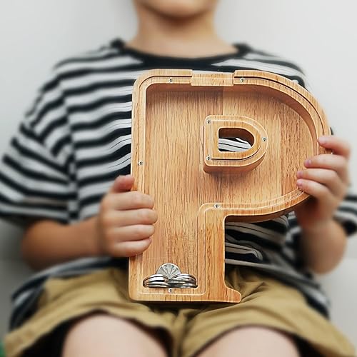 Miniatura 7 de Alcancía para niños y niñas, alcancía grande de madera personalizada con diseño recortado, bancos de monedas con letras del alfabeto, caja de ahorro