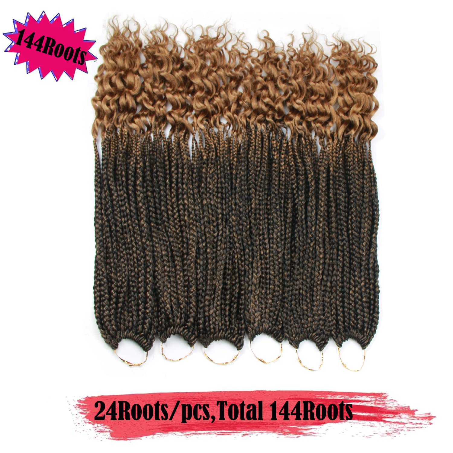 ROSESSEA 6Pcs/Pack Crochet Hair Crochet Box Braids Curly Ends 24 Strands/pcs Ombre Light Brown Crochet Braids 20 Inch Box Braid Crochet Hair For Women (20inch, 1B/27#)