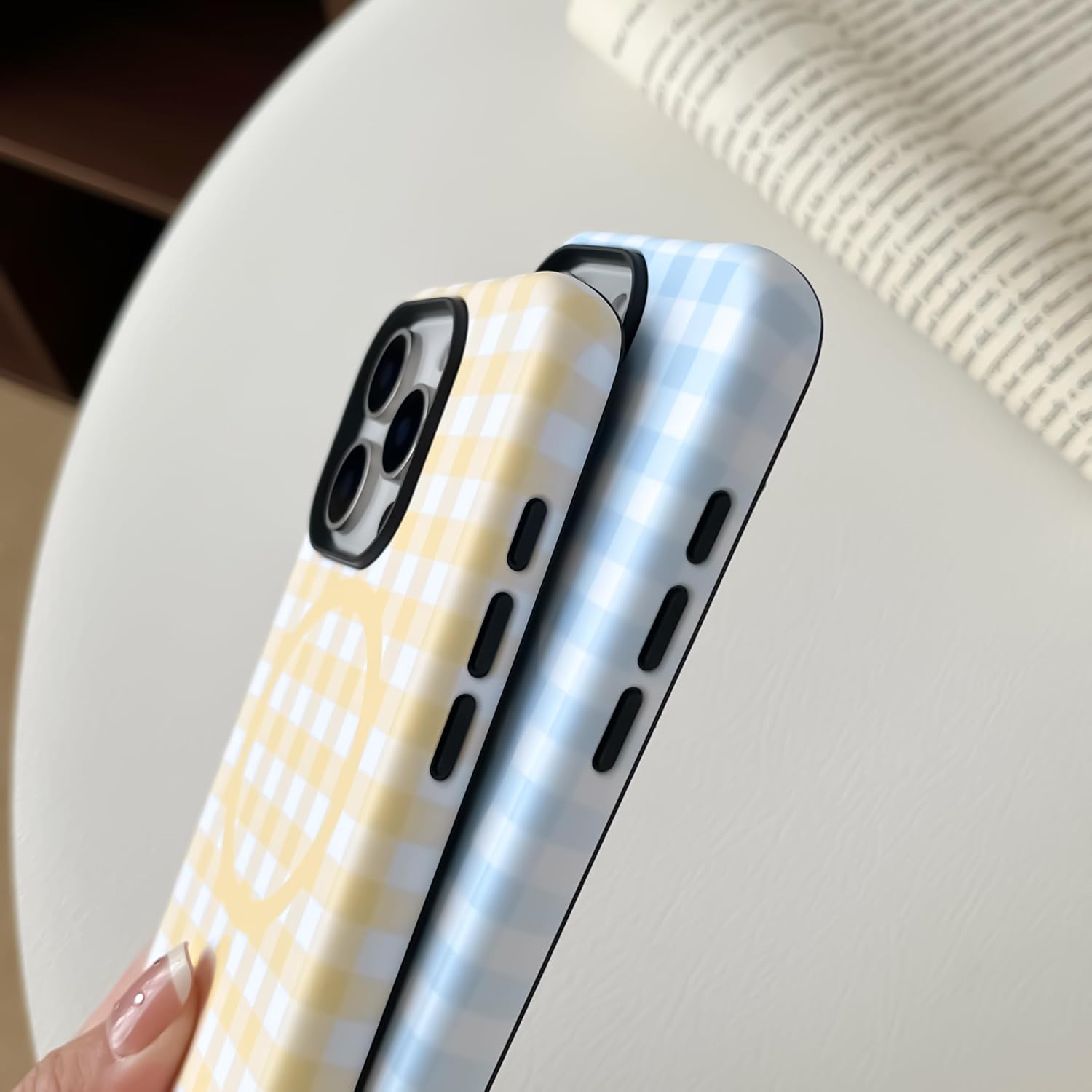 Compatible with iPhone 16 Pro Case, Cute Aesthetic Gingham Plaid Phone Case for Women, Shockproof Soft TPU and Hard PC Back Protective Cover, Matte Blue image 4