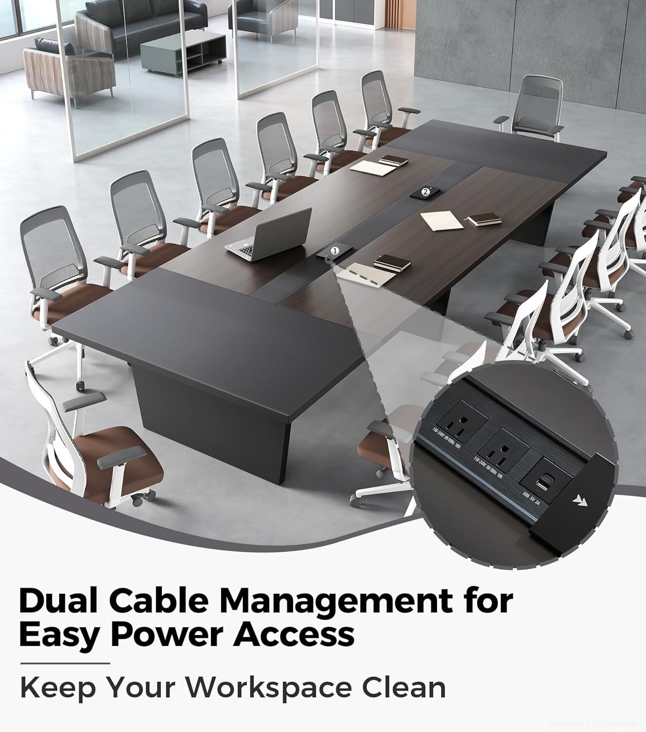 10FT Conference Table, Large Meeting Podcast Table for 10 People, Business Style Training Table with Charging Stations & 2" Thickened TableTop for Office Conference (Black & Gray, 118"L * 51"W * 30"H)