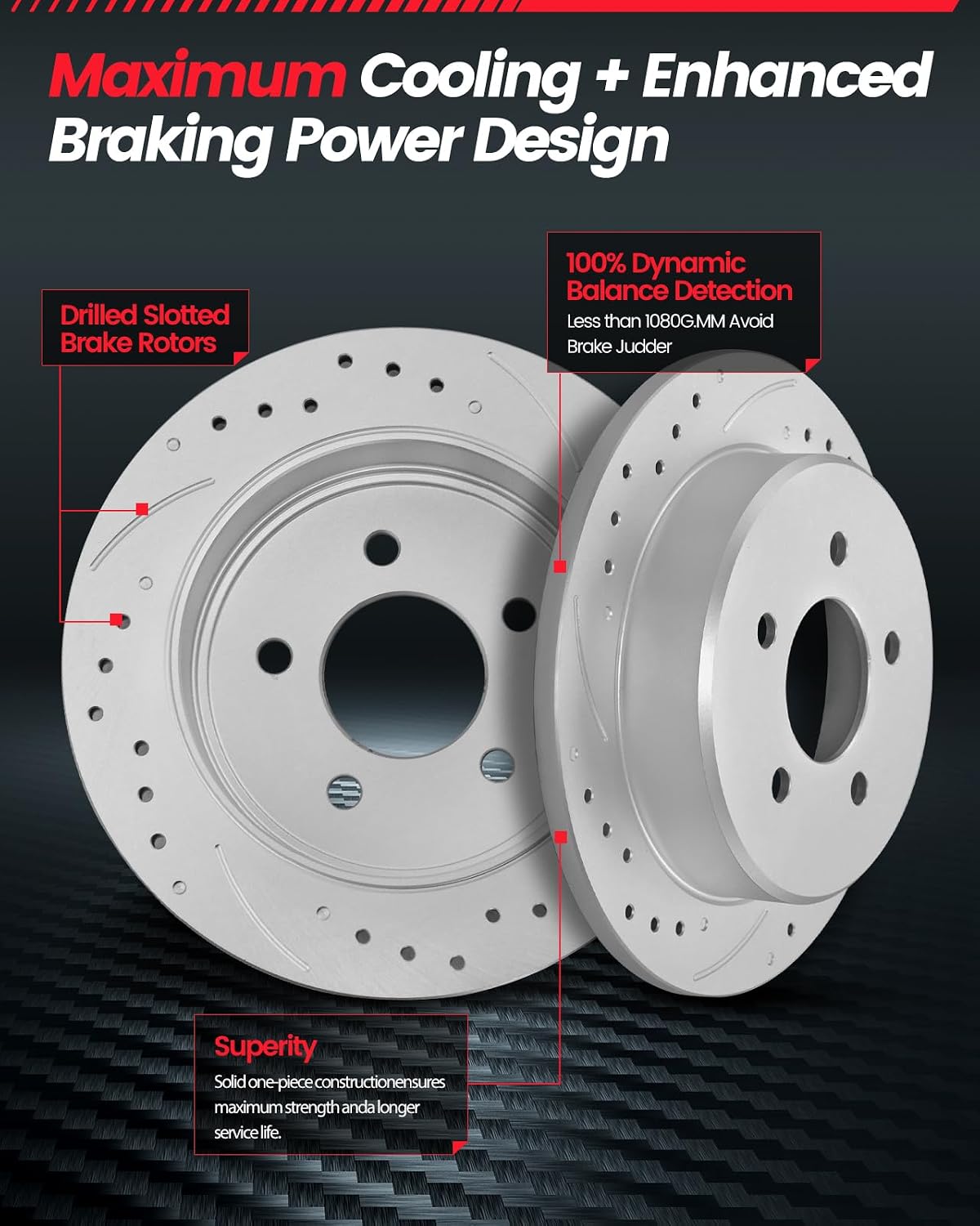 Rear Brake Kit, Drilled & Slotted Brake Rotors and Pads Compatible with 1999-2004 Jeep Grand Cherokee, 305mm (12in) Brake Disc, Geomet Coating