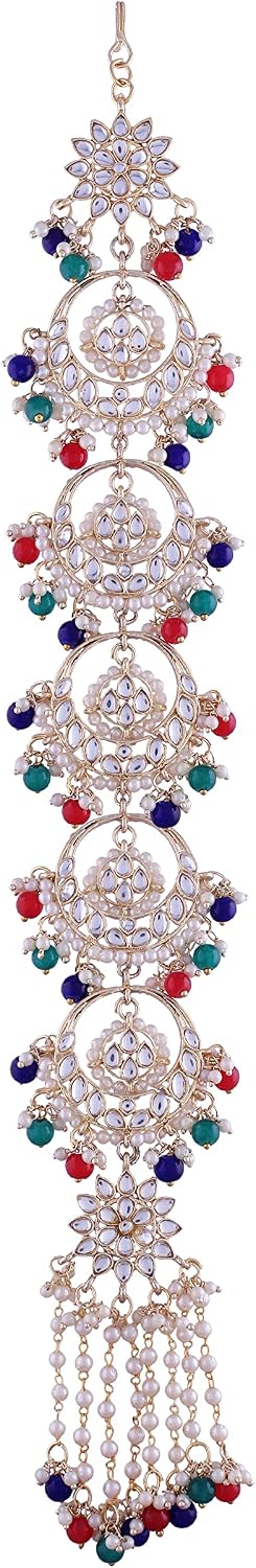 I Jewels Gold-Plated Metal Indian Wedding Bollywood Floral Kundan Pearl Studded Beaded Head Chain/Paranda (T2089-98)