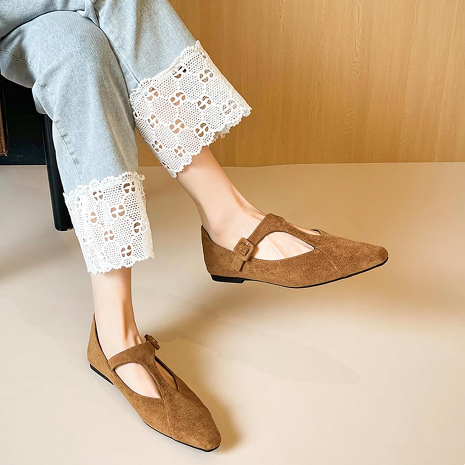 Women's Suede T-Strap Mary Jane Flats Sexy Pointed Toe Slip-On Ballet Flats with Adjustable Buckle Strap Fashion Date Ballroom Dancing Loafer Shoes