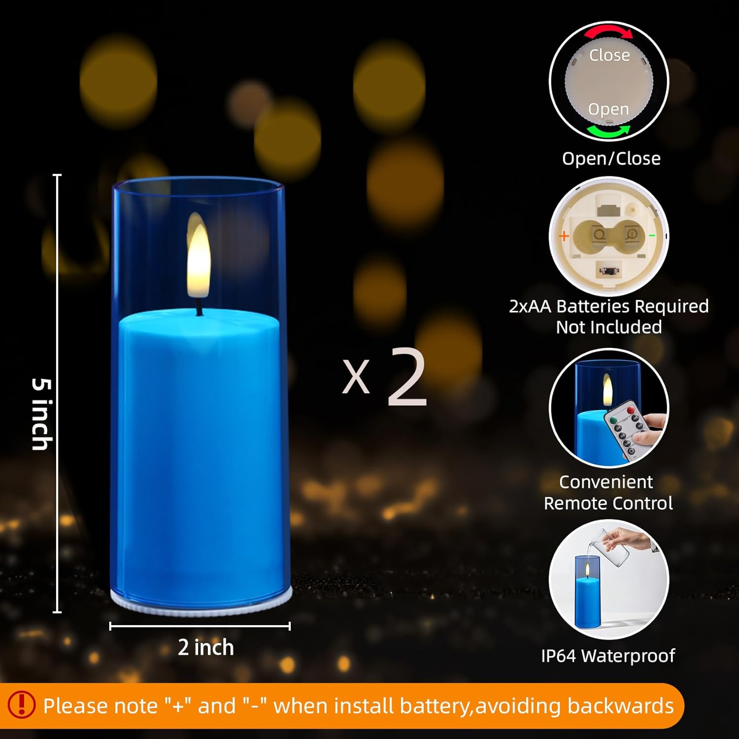 Battery Operated Candles Realistic Flickering Flameless Candles with Remote and Timer, Blue Acrylic LED Flameless Pillar Candles for Home, Wedding, Party, Holiday, 2" X 5", 2 Pack