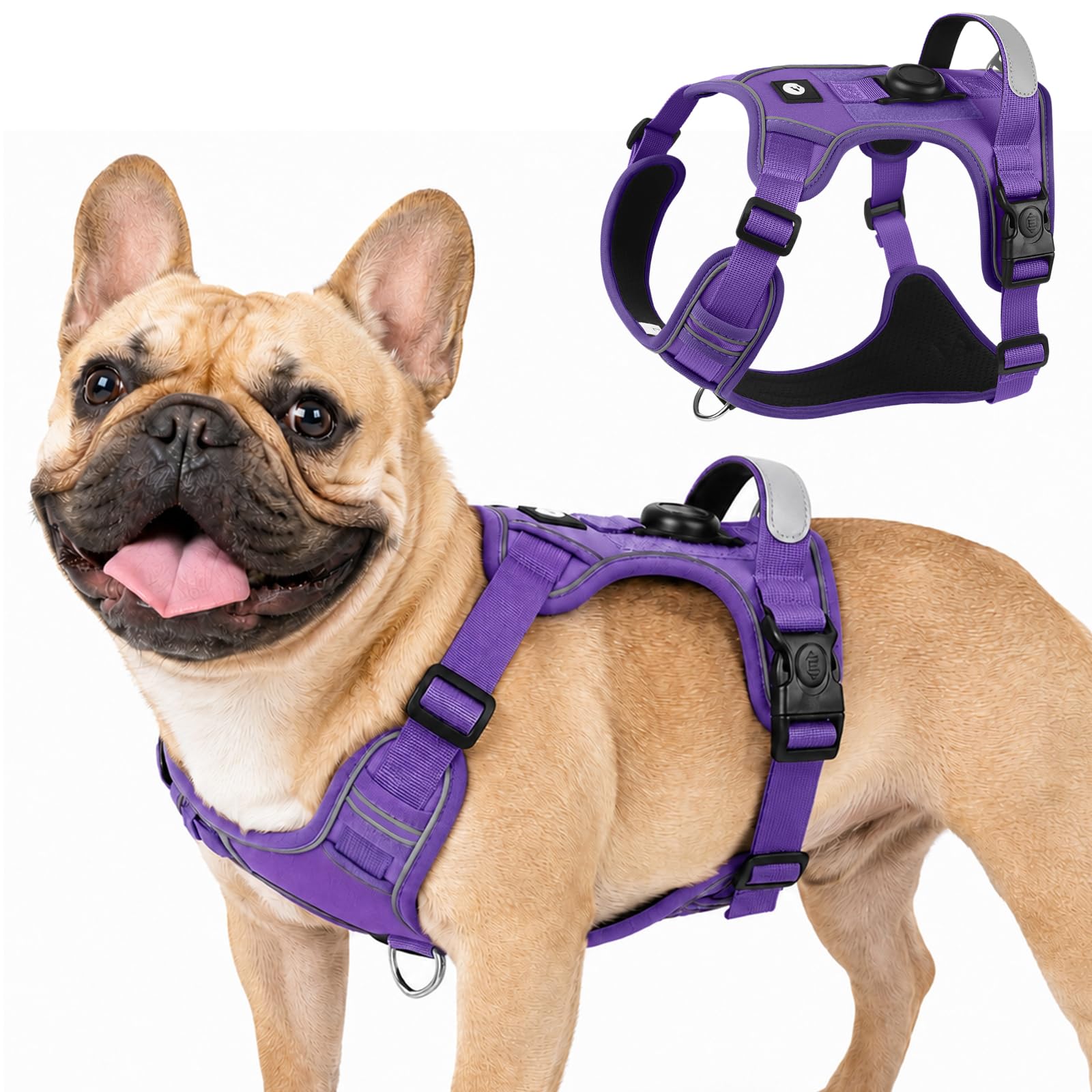 Olcyren Dog Harness with AirTag Holder for Small Medium Large Dogs, No Pull Adjustable Reflective Dog Harness with Front Clip, Anti Pull Soft No-Choke Breathable Harness with Handle (Purple, S)