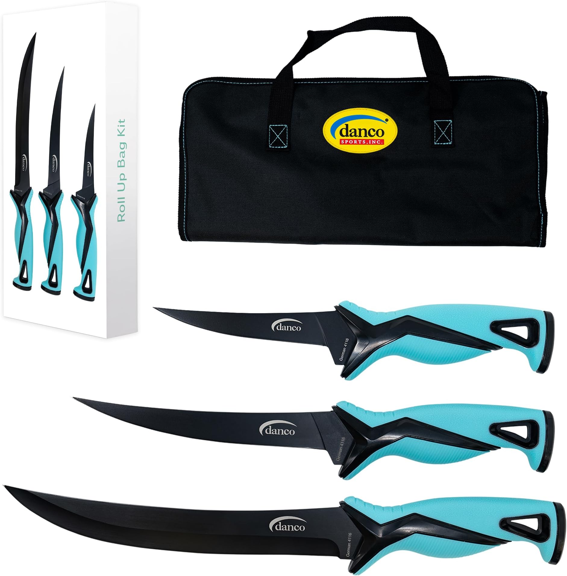 danco Pro Series Fillet Knife Kit | 5" & 7" Fillet Knives and 9" Stout Knife | Full Tang German G4116 Stainless-Steel Blades with Teflon Coating, Nylon Roll Up Sheath, (Seafoam)