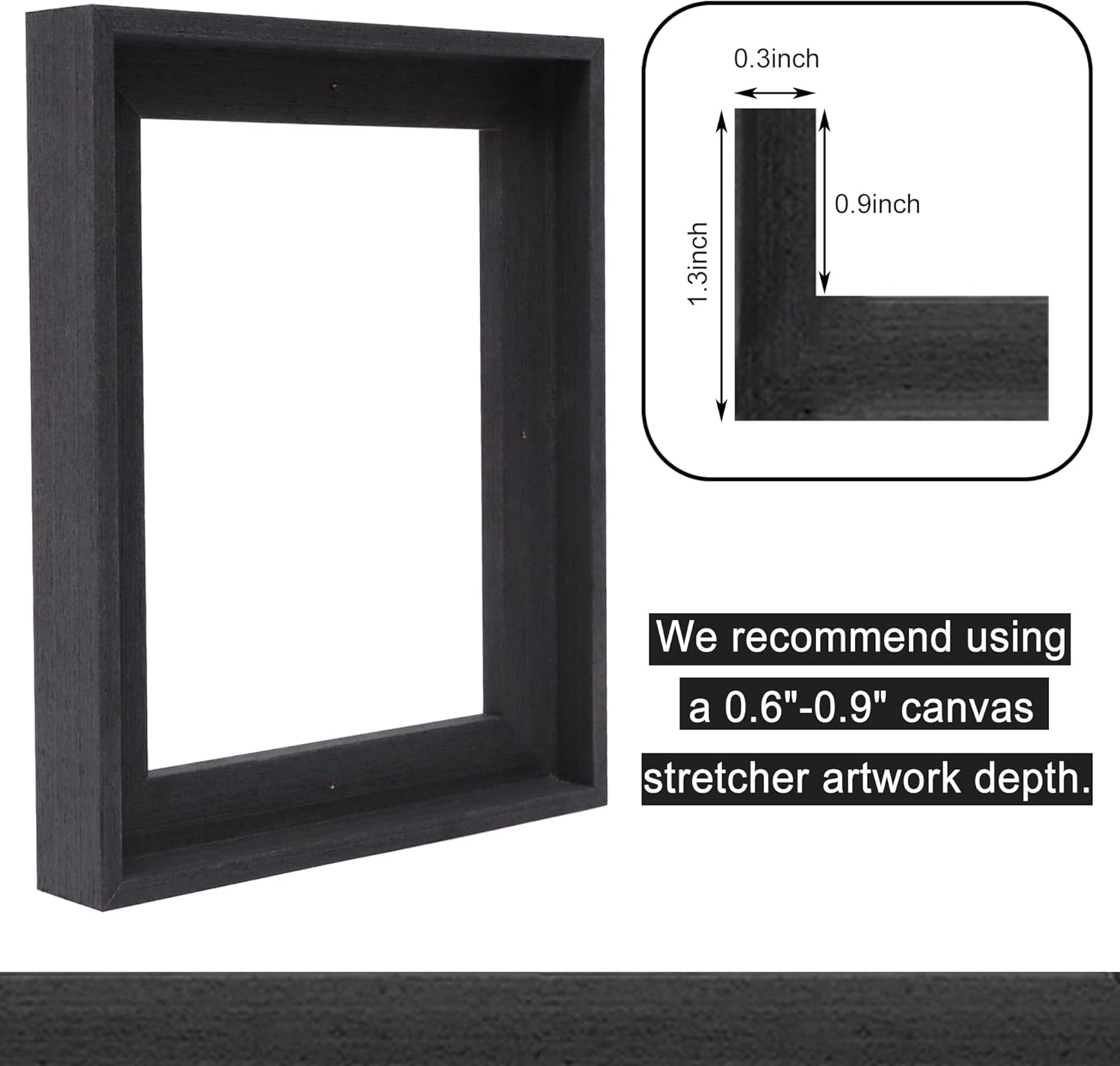 Real Solid Wood Canvas Floater Frame 12x12, Canvas Floating Frame for 0.6"-0.9" Deep Paintings Artwork, Oil Painting Frames (Black, 12"x12")