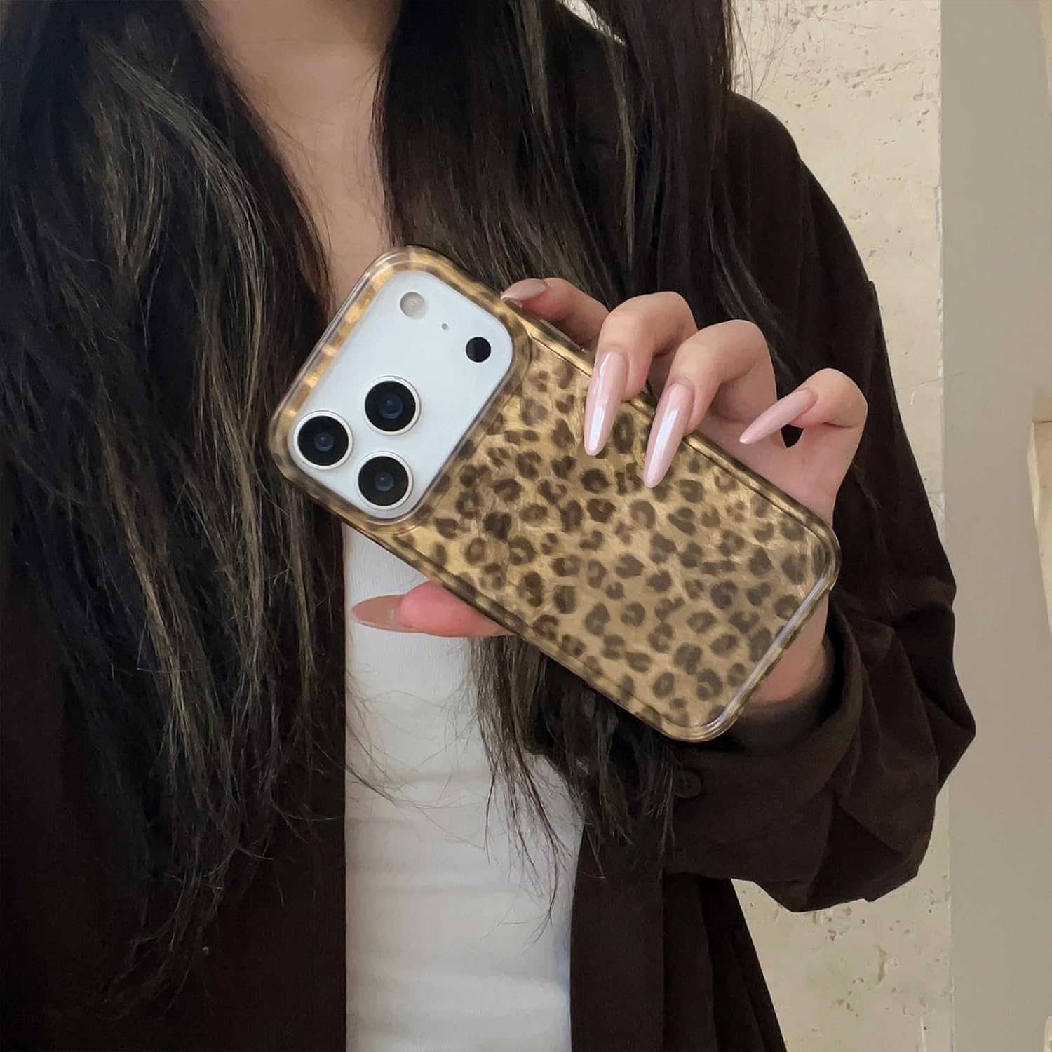 Compatible for iPhone 15 Pro Max Case with Cute Cheetah Leopard Print Retro Aesthetics Design Soft Slim TPU Shockproof Protective Bumper Glitter Shiny Phone Cover-Brown - Image 5