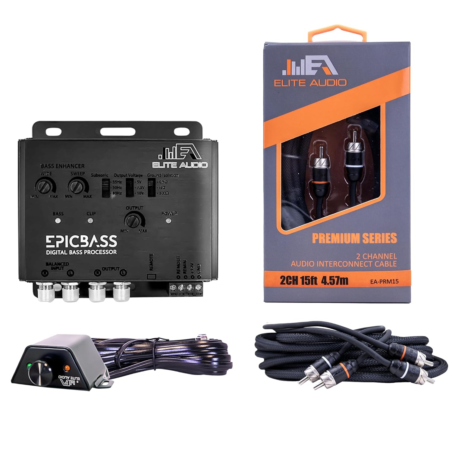 Elite Audio Epicbass Processor Premium Series RCA Install Package: 1x Epicbass Digital Bass Processor & 1x 15 ft 2-Channel RCA Cable for Car Audio Installation