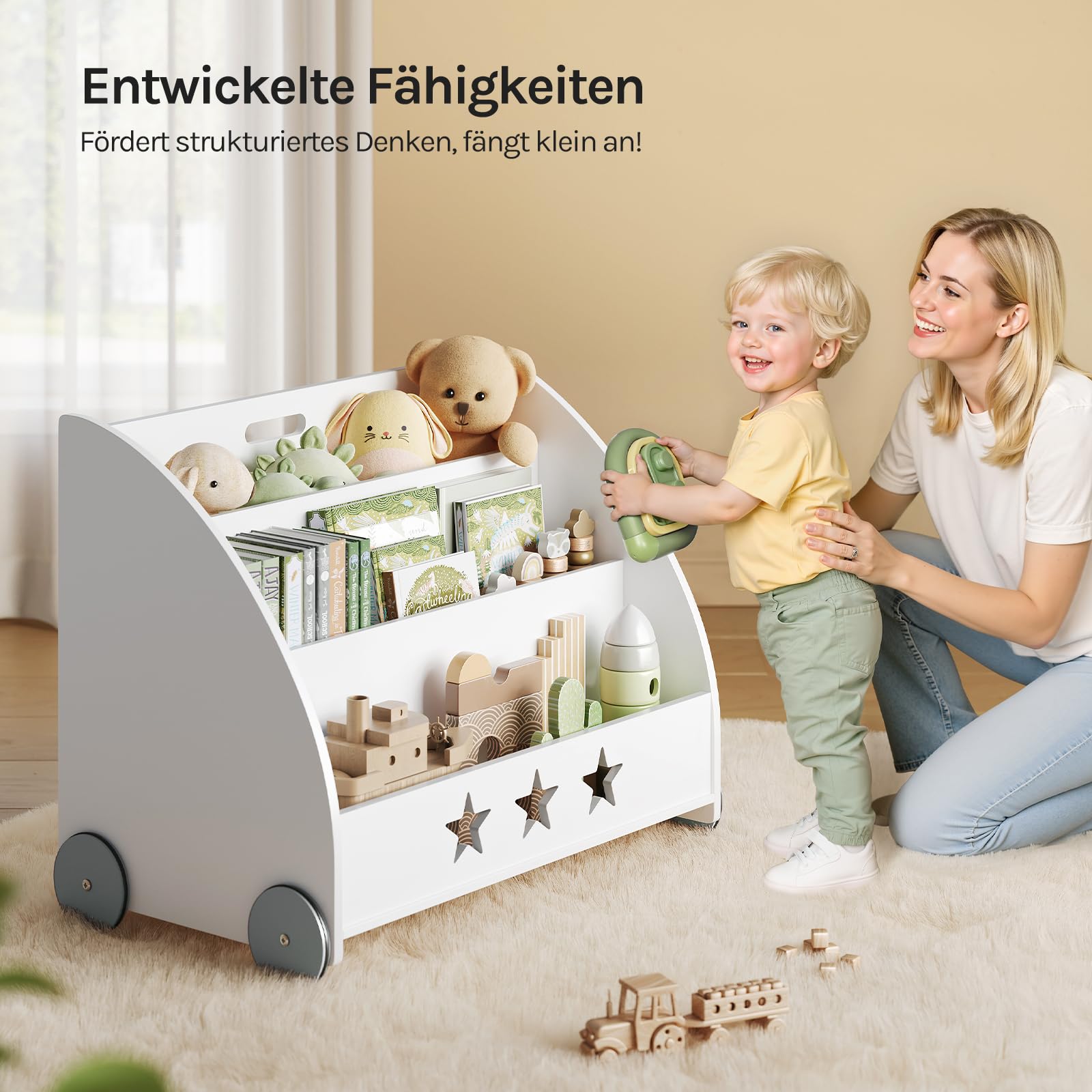 WOLTU KR002 Kinderregal Bücherregal für Kinder, Spielzeugregal mit Räder 3 Regale , Holz Standregal Kinderzimmerregal Mehrzweck Organizer(Weiß)