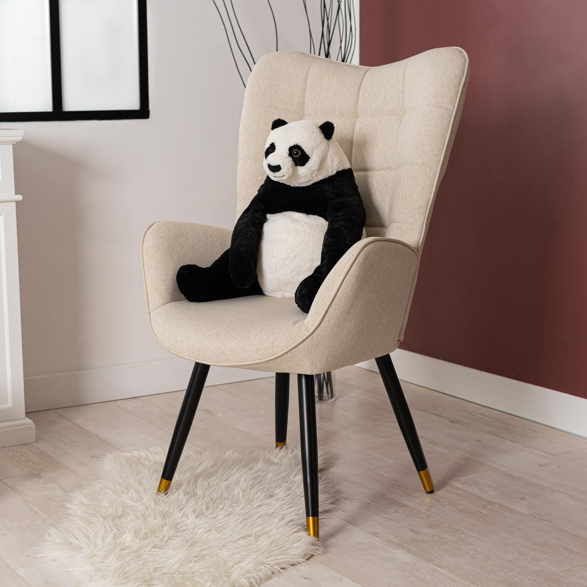 MEUBLE COSY Fotel relaksacyjny z oparciem, tapicerowana, pojedyncza sofa z pozłacanymi metalowymi nogami, fotel z uszami, do salonu, sypialni, biura, Vanity, tkanina, beżowy
