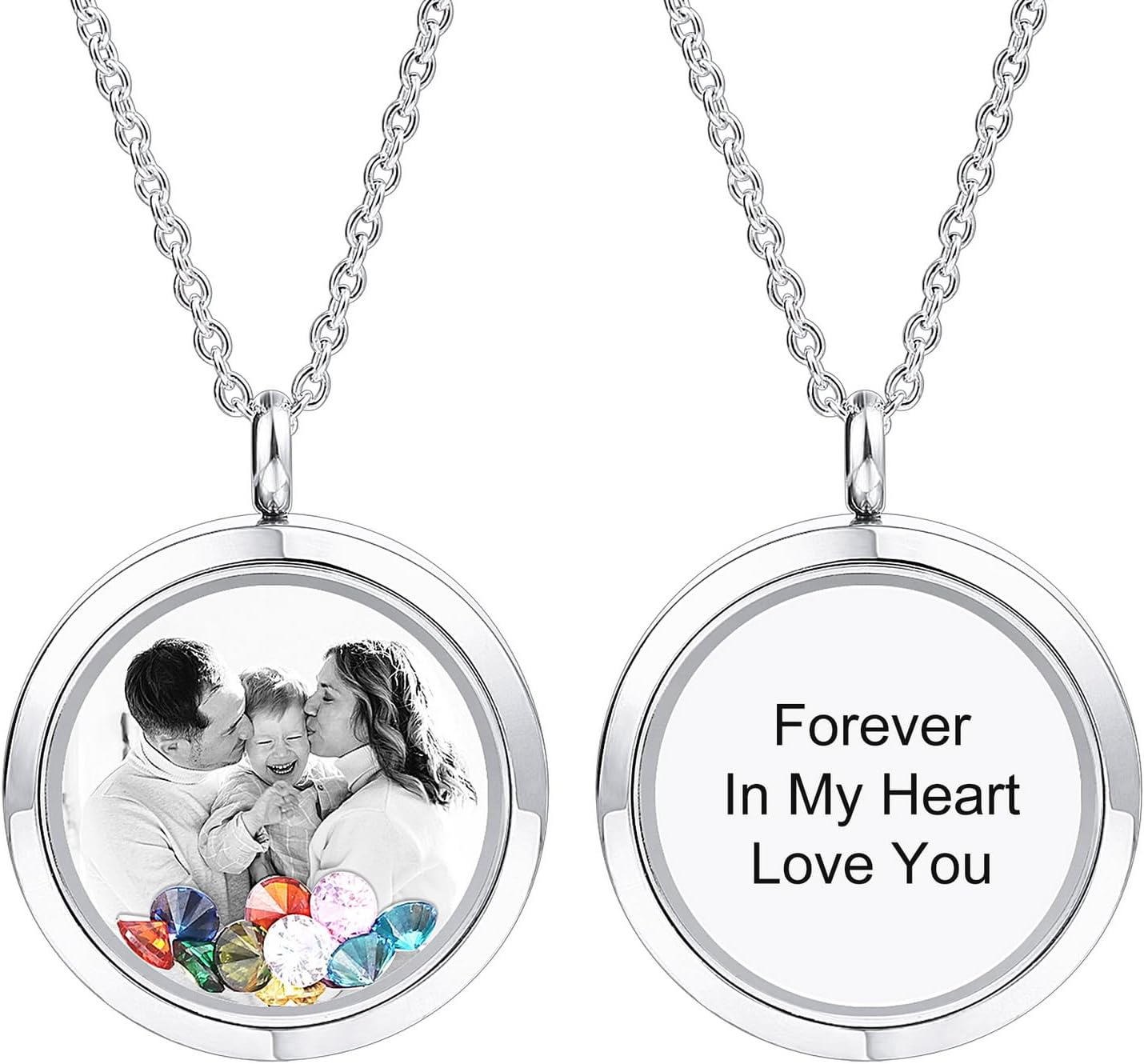 INBLUE Personalized Floating Locket Necklace for Women Engraved Photo/Text Round Pendant Stainless Steel & Glass Locket with Birthstone Memory Gift for Anniversary Birthday