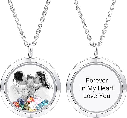 INBLUE Personalized Floating Locket Necklace for Women Engraved Photo/Text Round Pendant Stainless Steel & Glass Locket with Birthstone Memory Gift for Anniversary Birthday