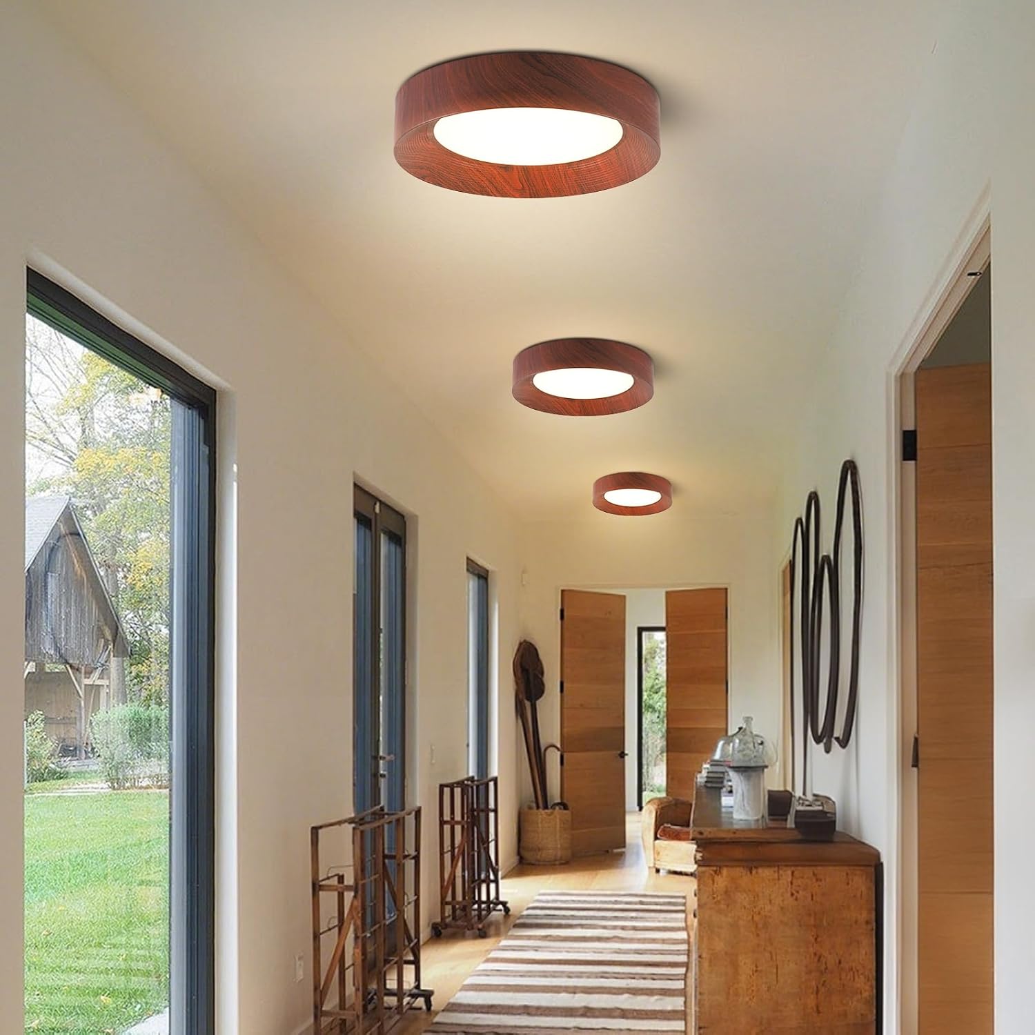 LED Wood Grain Flush Mount Ceiling Light Fixture, 19.7 Inch Modern Round Dimmable Ceiling lamp for Bedroom, Living Room, Kitchen, Entryway (Non-Wooden)