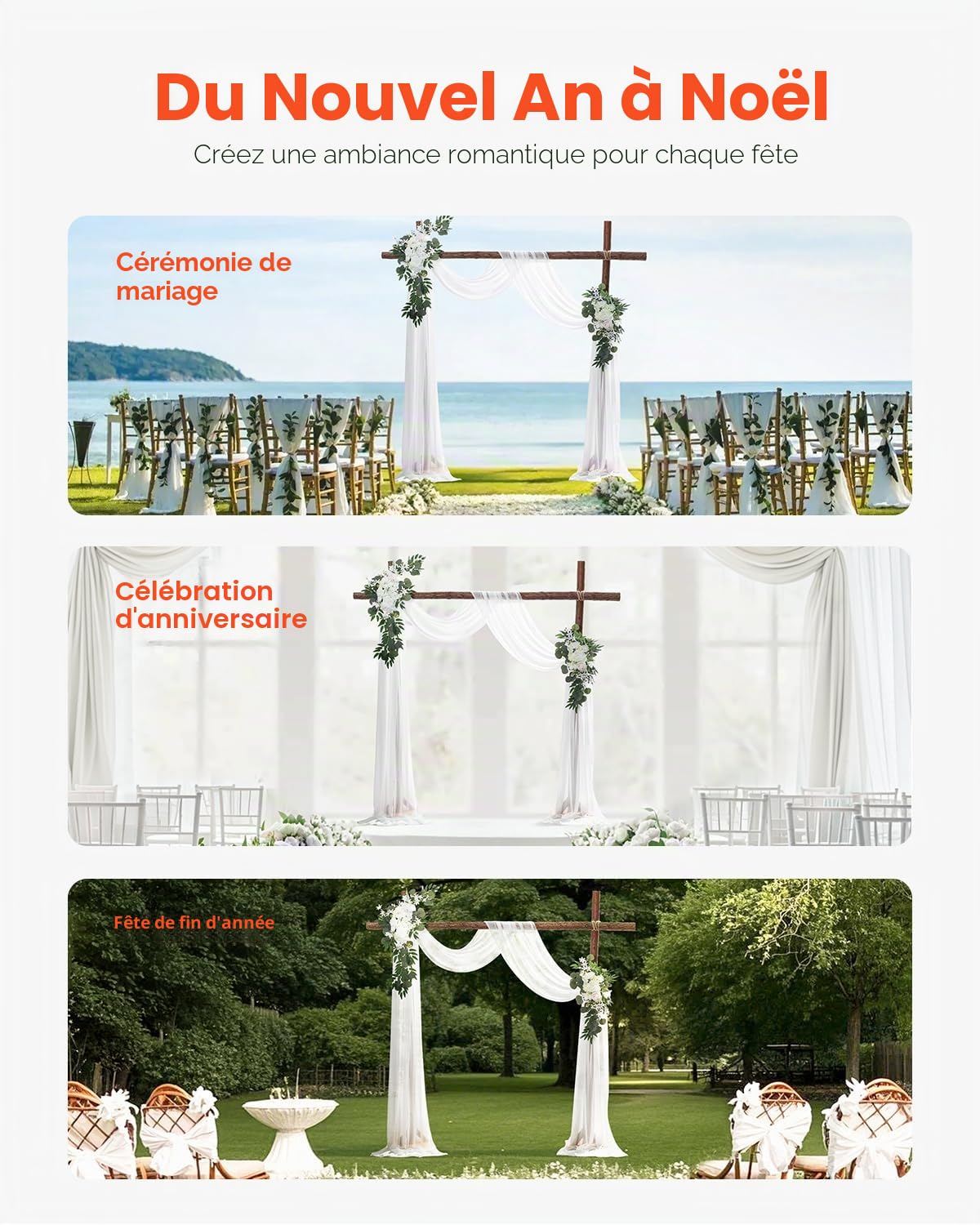 VEVOR Kit Fleurs Artificielles pour Arche de Mariage avec 2 Bouquets de Fleurs, 1 Rideau Translucide, pour Décoration de Célébrations de Cérémonie, de Toile de Fond de Réception, Événements, Blanc
