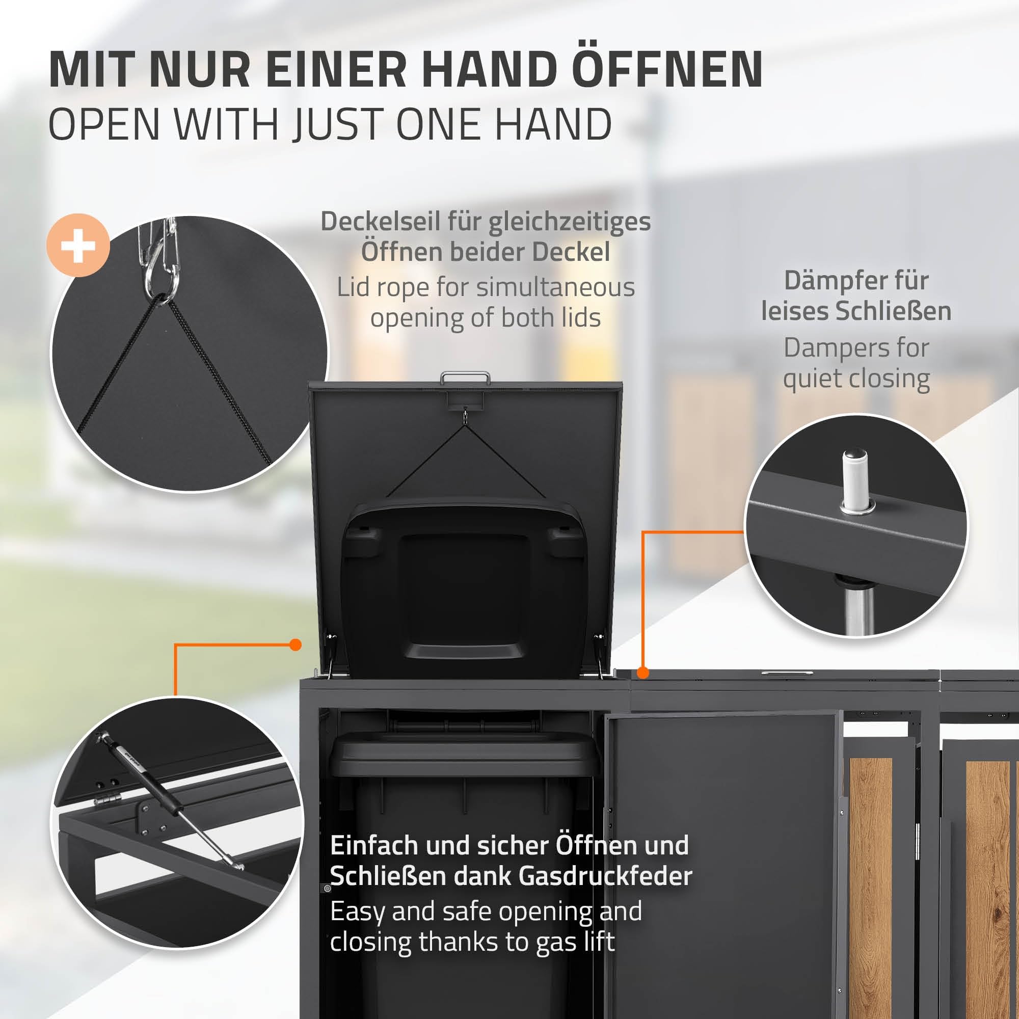 ML-Design Mülltonnenbox 3er 240L, Mülltonnenverkleidung für 3 Mülltonnen, Müllbox wetterfest, Mülltonnenhaus aus Stahl, Müllcontainer mit Klappdeckel & Tür, Gerätebox 196x80x120 cm Anthrazit-Holzoptik