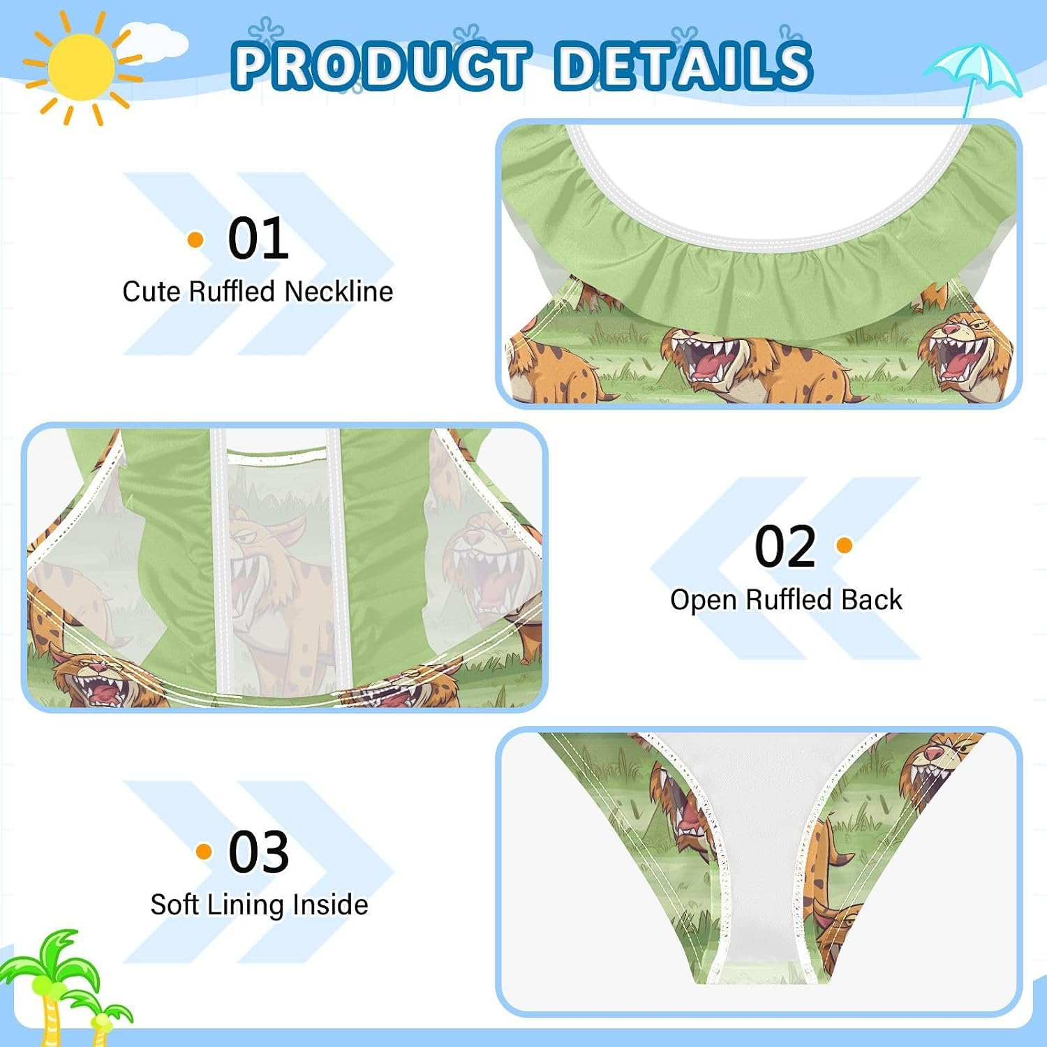 visesunny Girls One Piece Swimsuits Ruffle Swimwear Fierce Ancient Tiger Bathing Suits for Girls 3-6Y