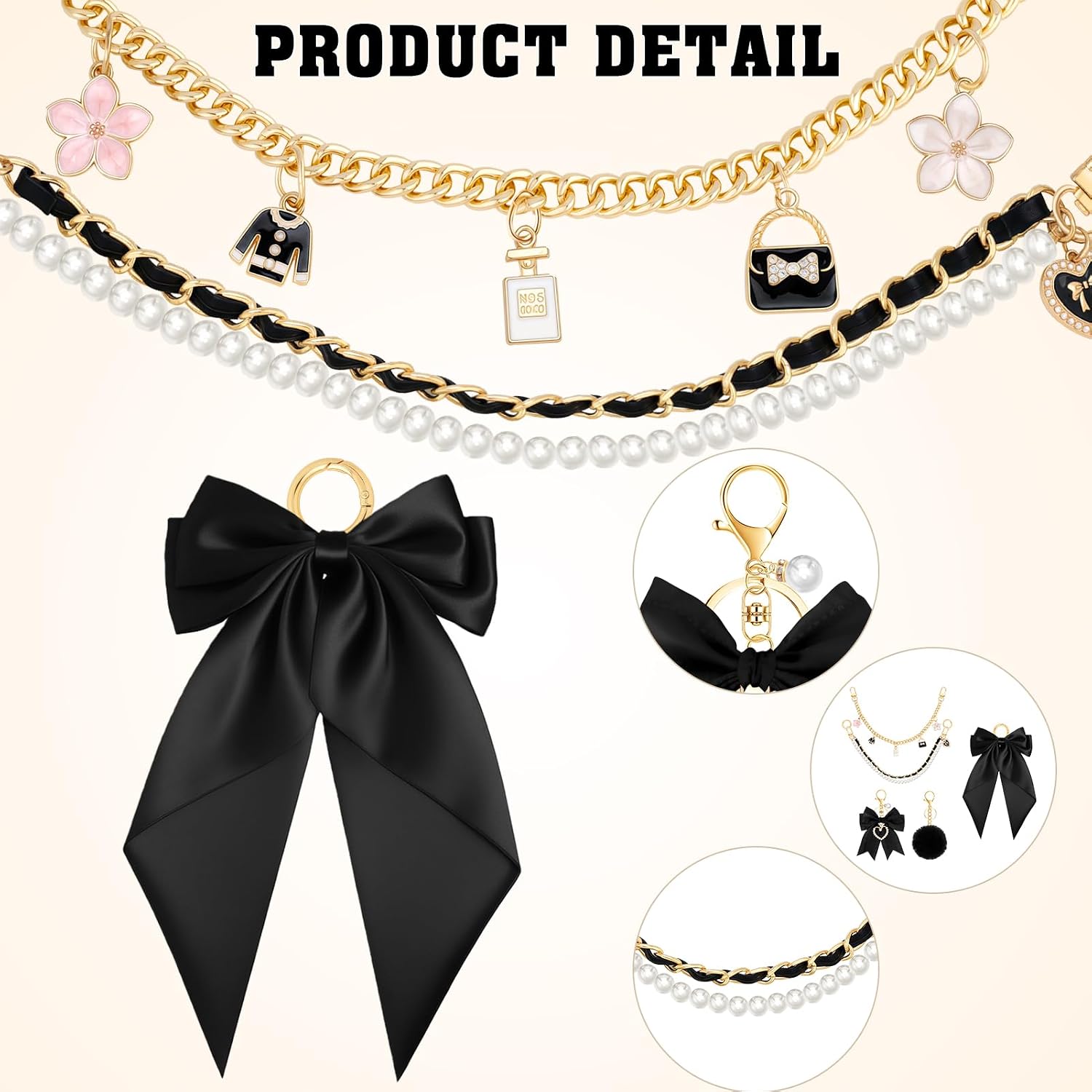 Zkptops 5PCS Tote Bag Decoration Kit Pearl Purse Chain Cute Bow Bag Charms Strap Extender Chain Gold Keychain Charm Accessories for Women Girls Compatible with YETI Camino Bogg Beach Handbag Wallet