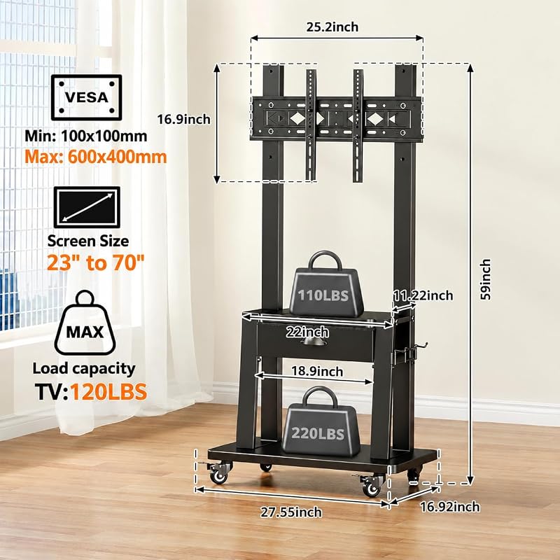 Mobile TV Stand with Storage Drawer for 23-75 Inch TVs up to 120lbs, Heavy Duty Rolling TV Cart with 2-Tier Shelves, Adjustable Height Outdoor TV Stand on Wheels, Max VESA 600x400mm, Black image 3