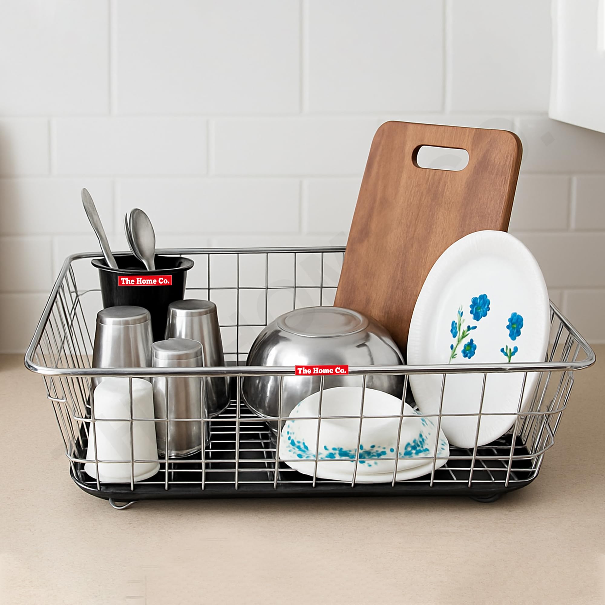 The Home Co. Stainless Steel 59x46x23cm Dish Drainer Basket with Drainer Tray & 1 Spoon Holder I Utensils After Wash Bartan Tokri - Image 5 thumbnail