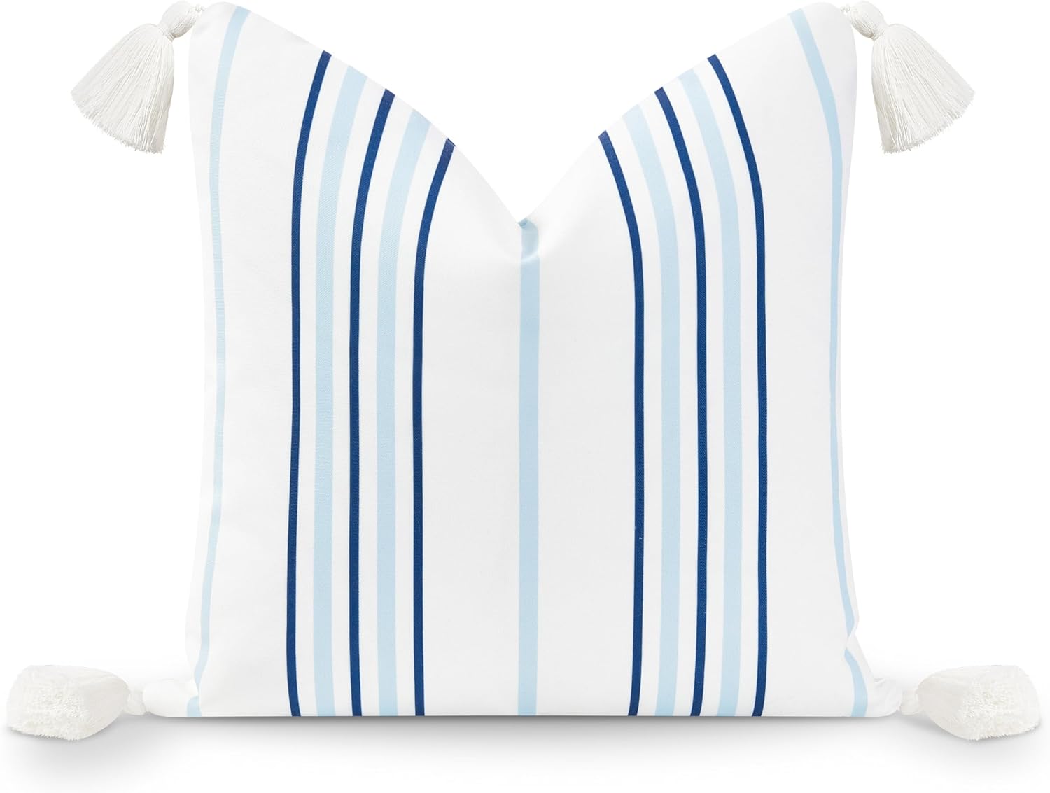 Hofdeco Premium Coastal Hampton Style Patio Indoor Outdoor Throw Pillow Cover Only, 18"x18" Water Resistant for Backyard, Couch, Baby Blue Navy Stripe White Tassels