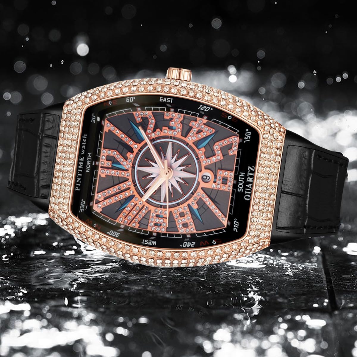Gosasa Fashion Hip Hop Men's Crystal Watch Bling Bling Watch Rectangle Case Stainless Steel Quartz Analog Bracelet Wristwatch
