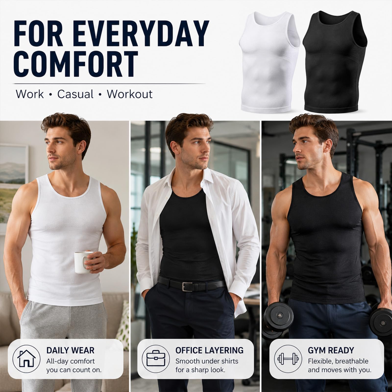 Chaleco de Compresión Hombre, Pack de 2 Compresion sin Mangas para Camiseta Reductora Hombre Body Shaper para Diario y Deportivas