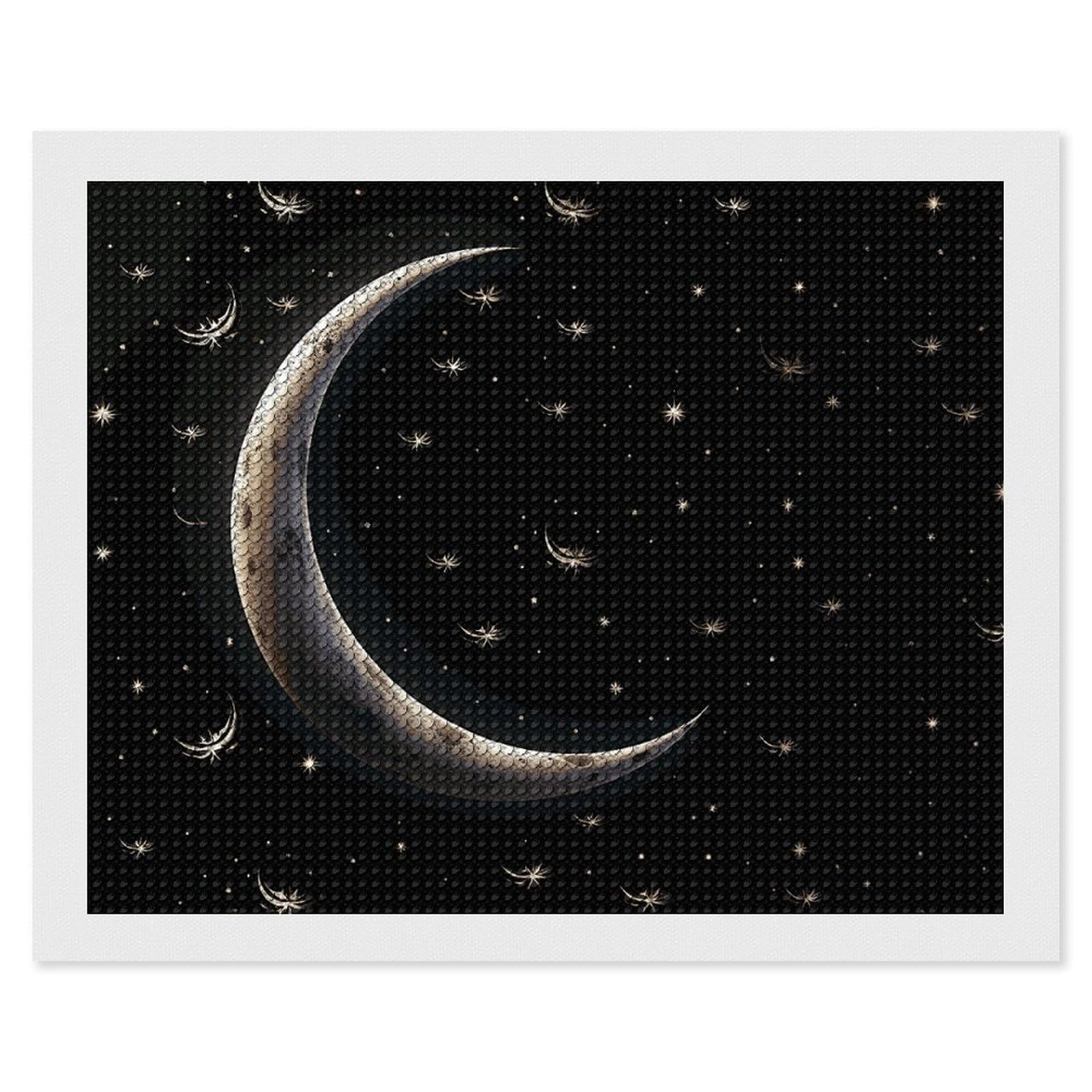 Crescent Moon on Black Background Diamond Art Kits for Adults, DIY 5D Diamonds Painting Kits for Beginner, Round Full Drill Diamond Dots Painting, 16"x20" Diamonds Pictures Gem Art And Crafts Wall Dec