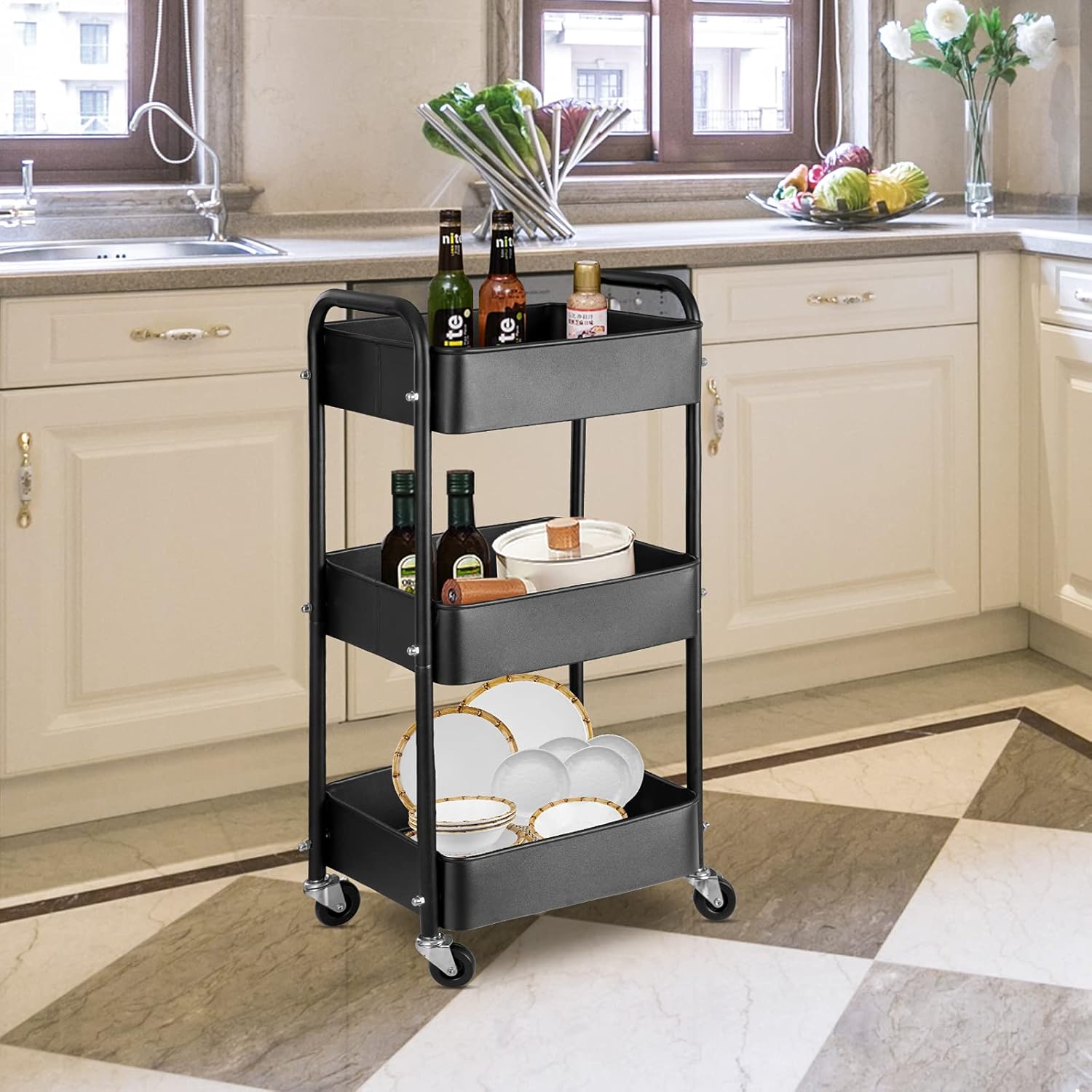 3-Tier Metal Storage Organizer Rolling Utility Cart - Home Kitchen Bathroom Bedroom Office Classroom Laundry Cleaning Supplies Bar Craft Shelf Cart with Caster Wheels, College Dorm Essentials