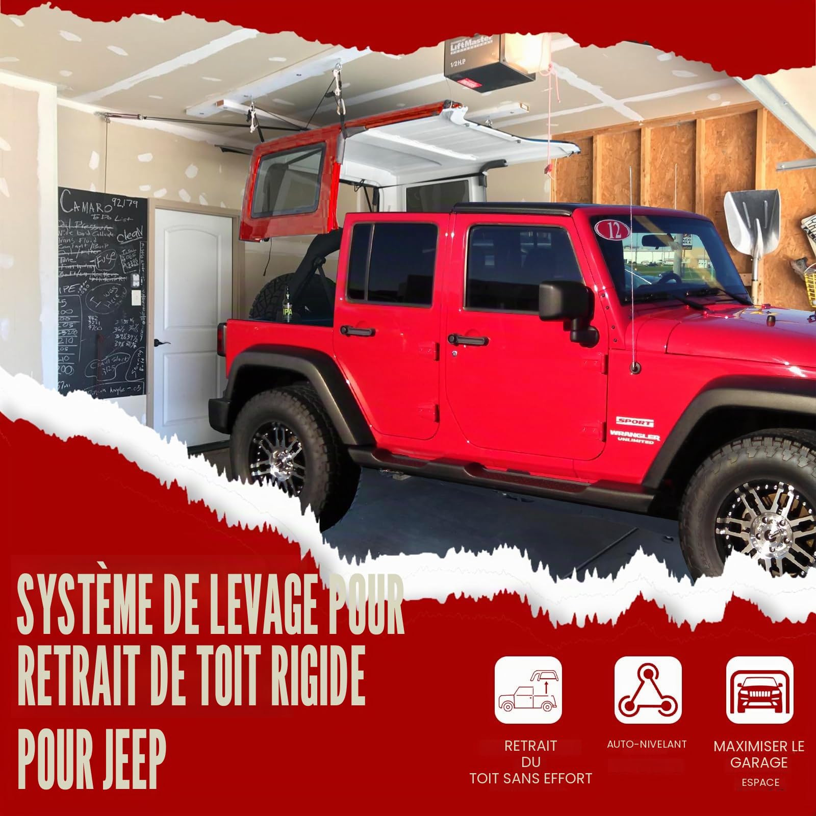 Élévateur de démontage de toit rigide pour voiture, palan de rangement de garage, système de prévention des chutes de sécurité, facile à utiliser par 1 personne, pour plafond 3 m, avec 6 boutons en T