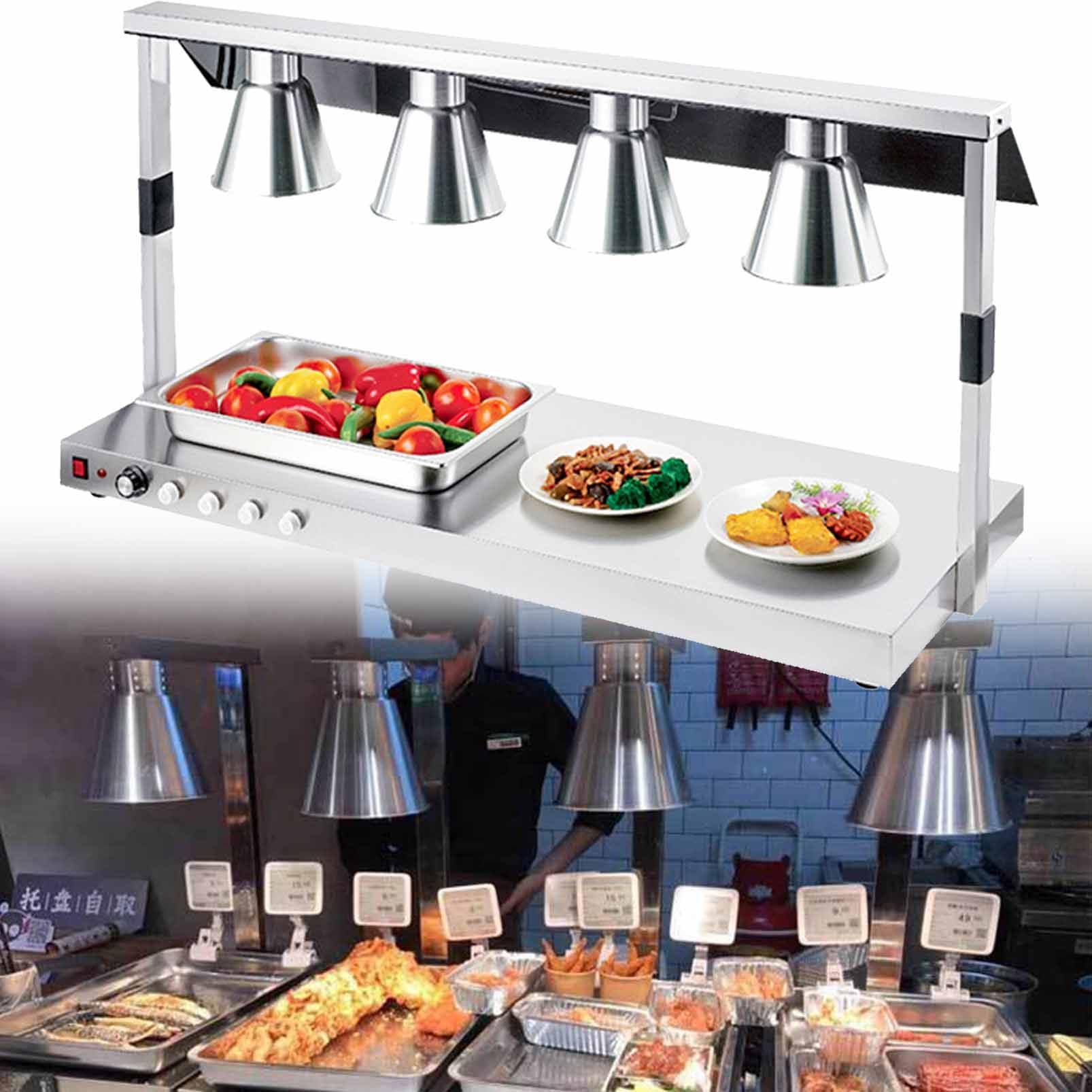JKJZSALJ Food Heat Lamp, Electric Warmer For Buffets And Kitchens, Stainless Steel, Ideal For Home And Business Use,Silver,fourheads