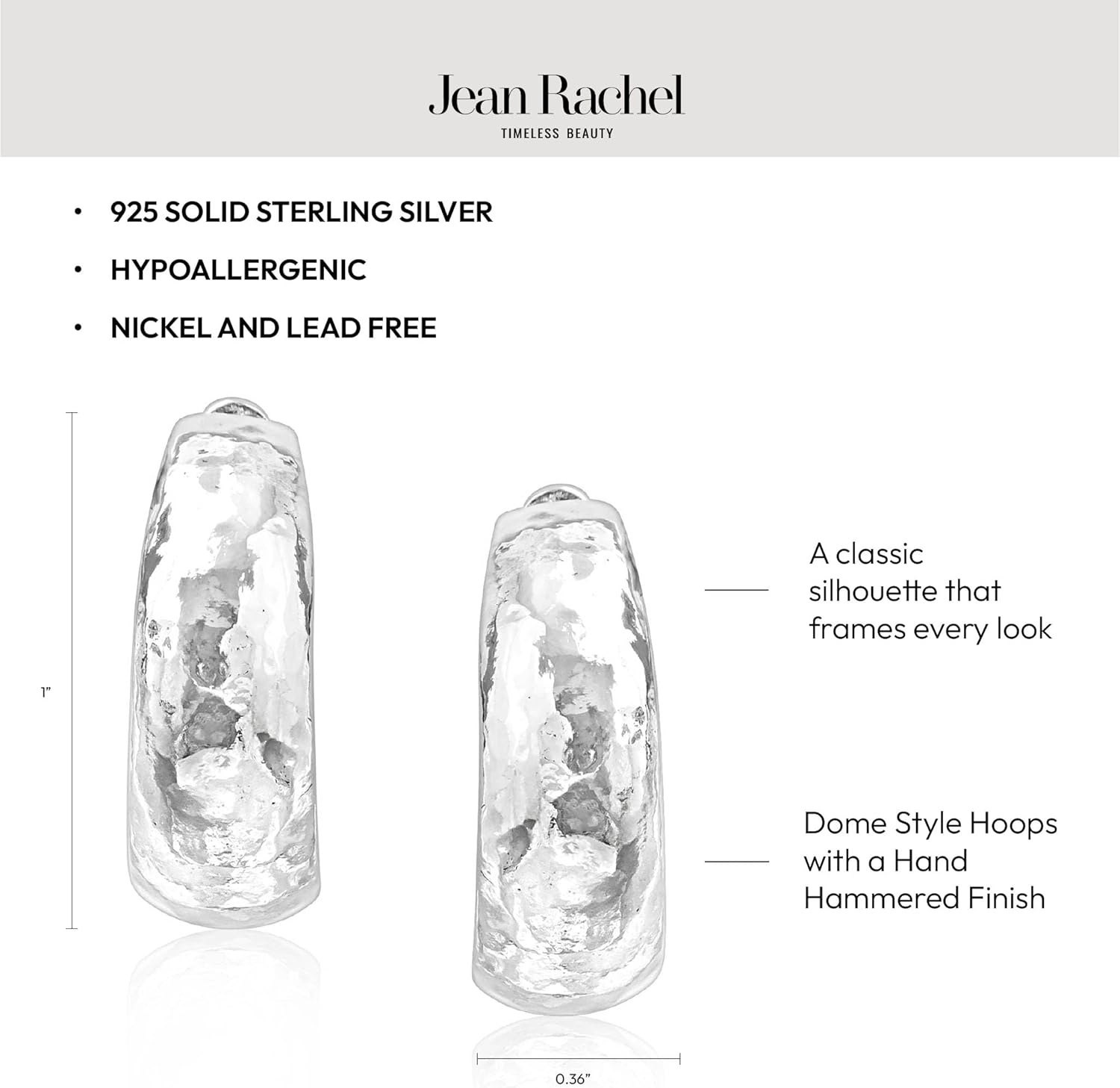 JEAN RACHEL JEWELRY 925 Sterling Silver Hoop Earrings for Women – Small Hammered Dome Hoop – Hypoallergenic, Lead & Nickel Free Chunky Hoops