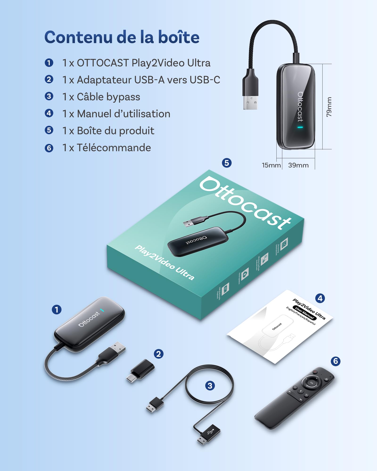 OTTOCAST Play2Video Ultra, Adaptateur CarPlay sans Fil & Android Auto Adaptateur CarPlay AI Box avec Netflix Youtube WiFi 6 5G Bluetooth 5.4 Adaptateur pour la Plupart des Voitures 2016+