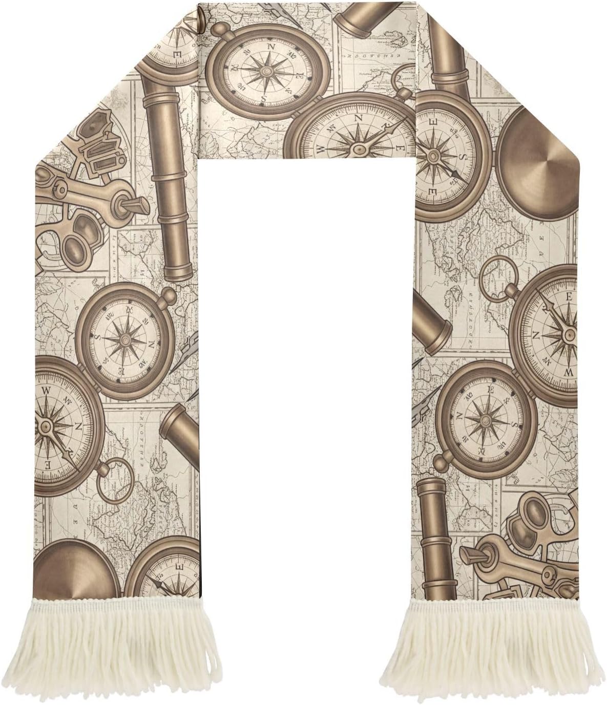 CHIFIGNO Vintage Compass Map Beige Sports Fan Scarf with Fringe Ends, Polyester Soft Absorbent Towel Scarf for Soccer Fans, Cheering Banner Wrap