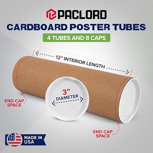 Miniatura 170 de Tubos de correo de papel kraft reforzado de 3 x 24 pulgadas, paquete de 4 tubos con 2 tapas cada uno, tubo de cartón fabricado en Estados Unidos