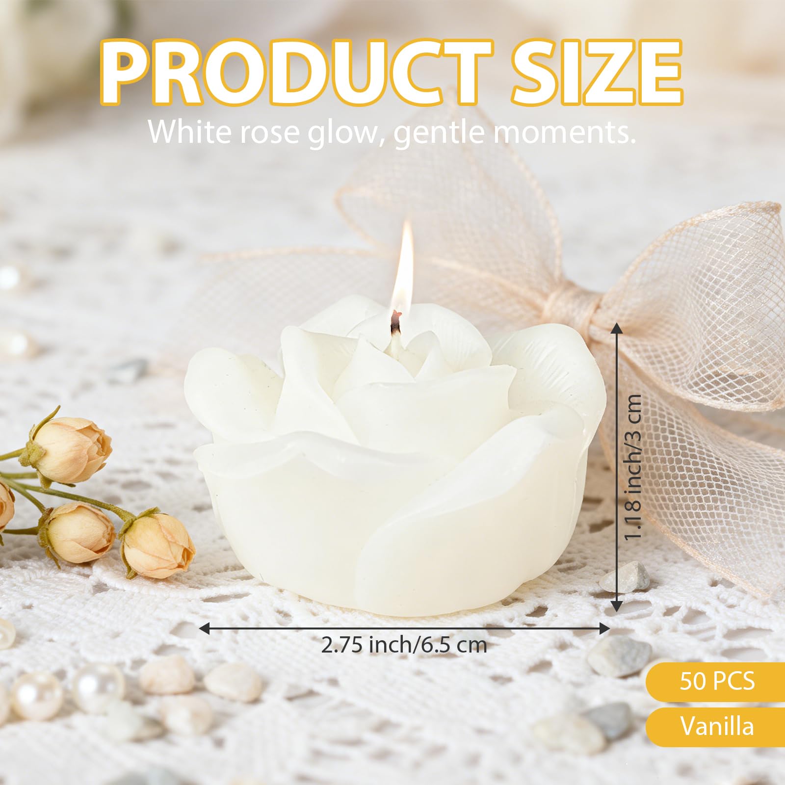 Candele a forma di fiore, confezione da 50 candele tealight in cera di soia alla vaniglia bianca | Candele di soia a forma di rosa, ideali per decorare la tavola di nozze, centrotavola per feste e bomboniere.