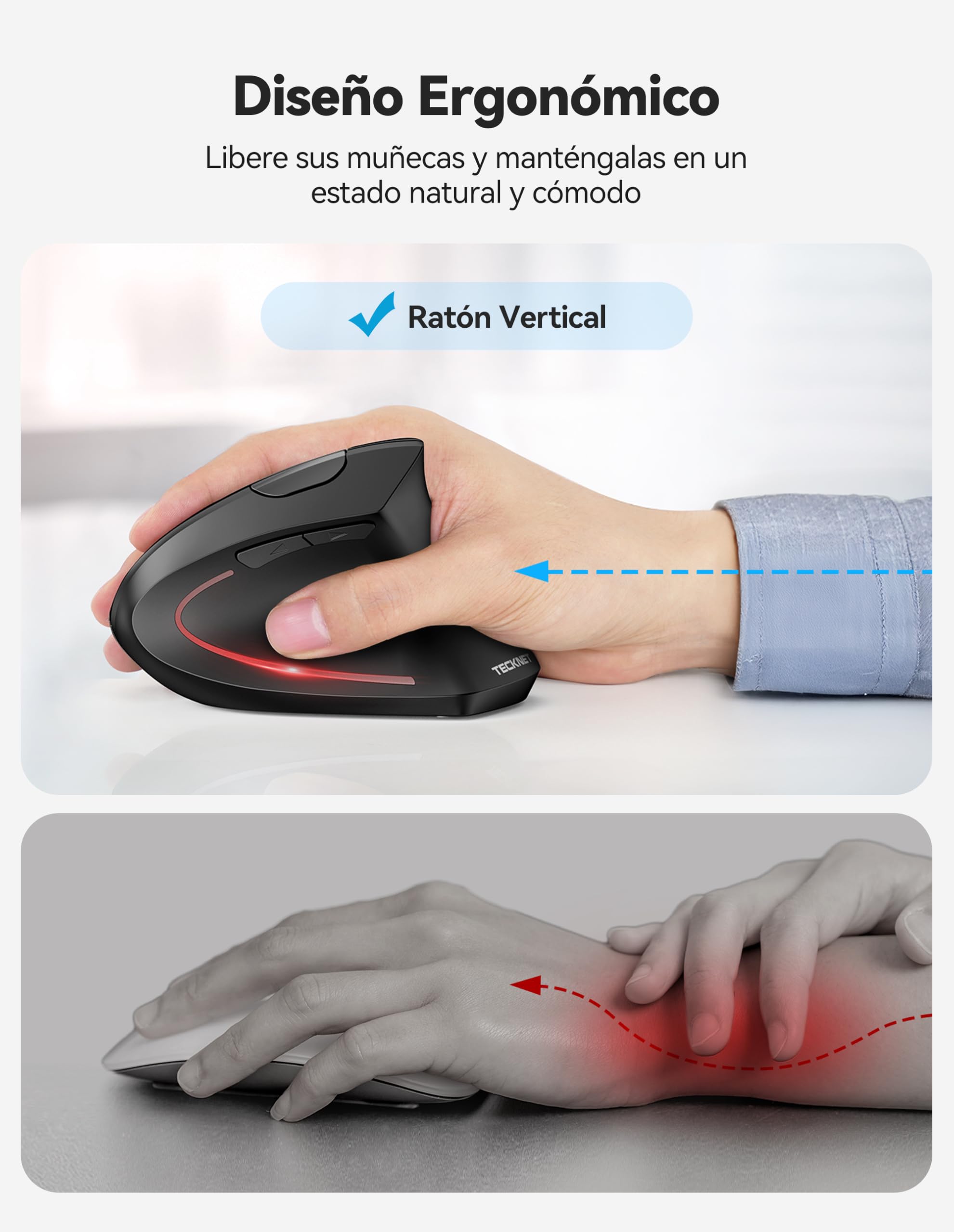 TECKNET Ratón Bluetooth Ergonómico, Raton Vertical Inalámbrico Recargable (BT 5.0/3.0 + 2.4G), 6 Niveles de Ajuste hasta 4800 dpi, Ratón Inalámbrico óptico Silencioso para Windows, Mac, Portátil