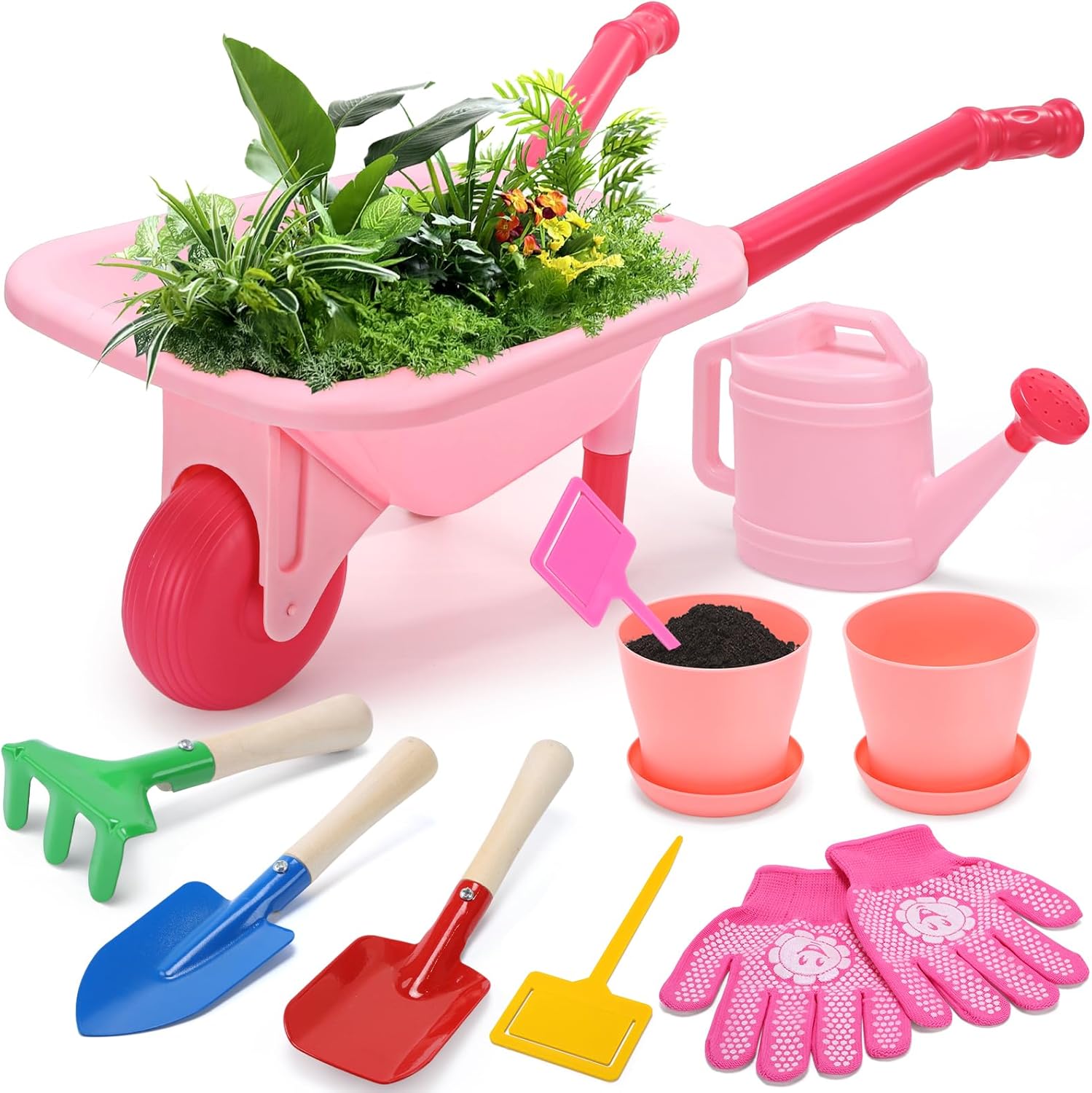 CUTE STONE Kids Gardening Tool Set, Pink Wheelbarrow with Garden Toys with Watering Can, Gloves, Hand Rake, Shovel, Trowel, Outdoor/Indoor Pretend Play Toys for Toddlers Boys Girls Age 3+