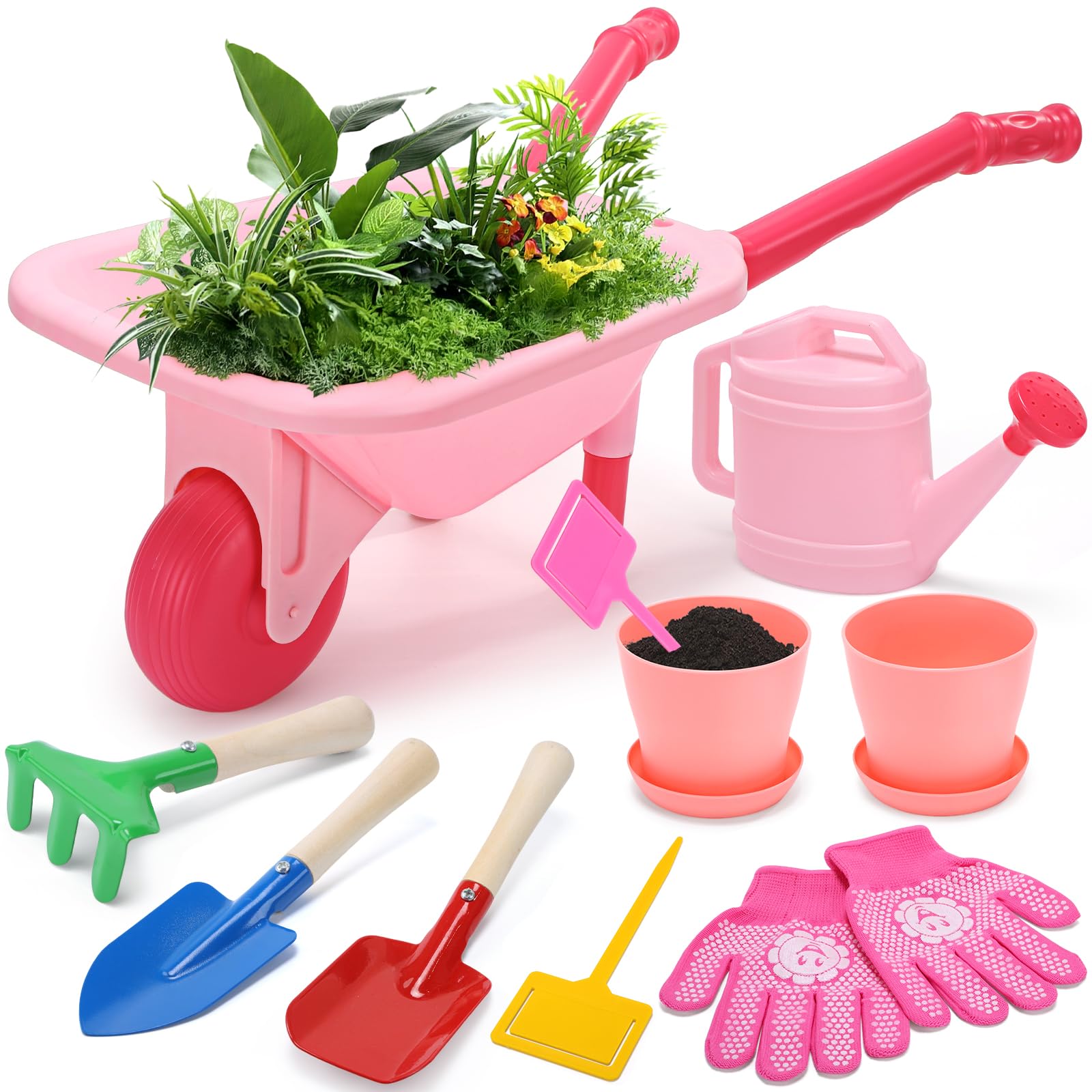 CUTE STONE Set di attrezzi da giardino per bambini, carriola rosa, giocattolo da giardino, con annaffiatoio, guanti, rastrello, pala, cazzuola, set da gioco per bambini dai 3 anni in su (rosa)