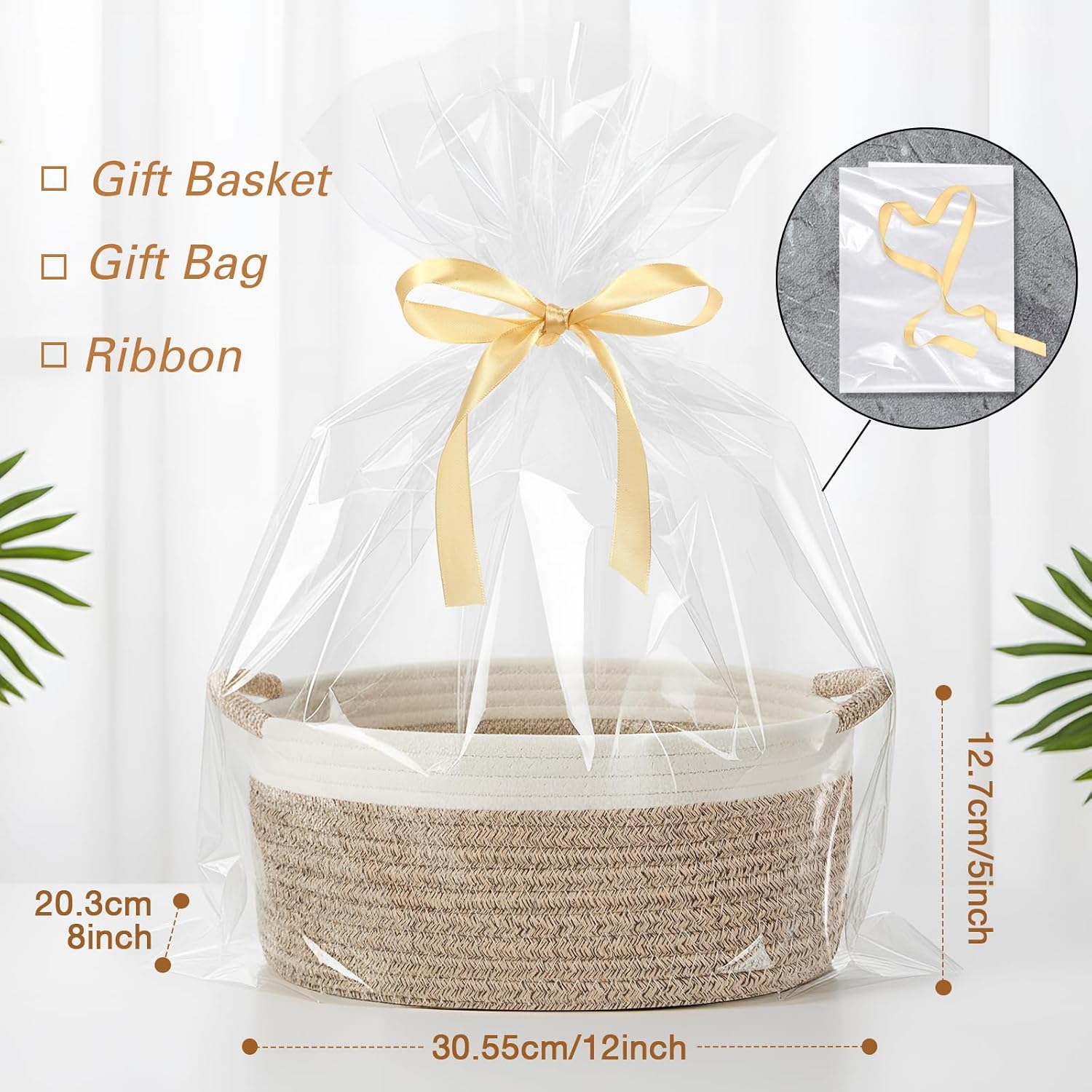 Colingmill Woven Gift Basket with Gift Bags and Ribbons 12"x8"x5" Empty Cotton Rope Storage Basket for Birthdays Wedding DIY Present(White,Brown)