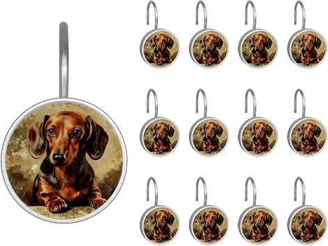 12 Pieces_Brown Dachshund Dog 3 Shower Curtain Hooks Rings, Stainless Steel Shower Hook Hanger Rings for Bathroom Living Room Bedroom Home Decor