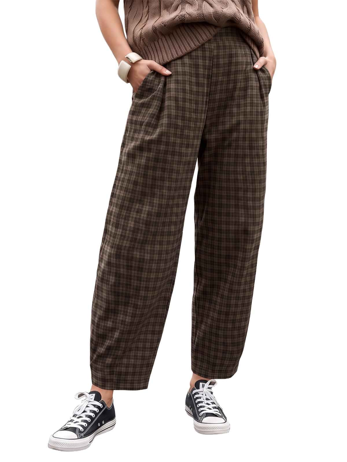 EXLURA Womens Plaid Barrel Pants Faux Flannel Lounge Gingham Pants 2026 Lightweight Baggy Checkered Trousers,Elastic Waist Comfy Pajama Pants,Pockets,Fall Winter Fashion,Vintage,Y2K,Daily,Travel