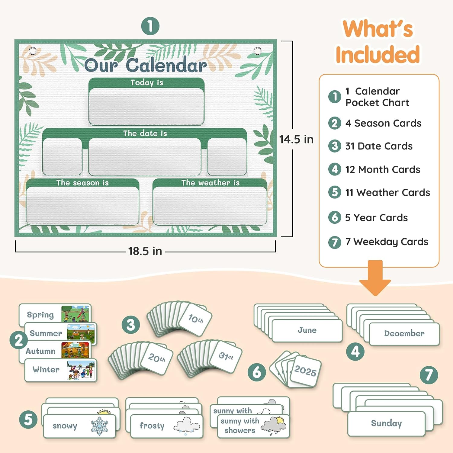 AKAYOK Classroom Calendar Pocket Chart with 70 Cards - Circle Time Calendar 2024-2028 with 2 Storage Pockets, Kids Calendar Perfect for Preschool and Homeschool Learning (Green Leaves)