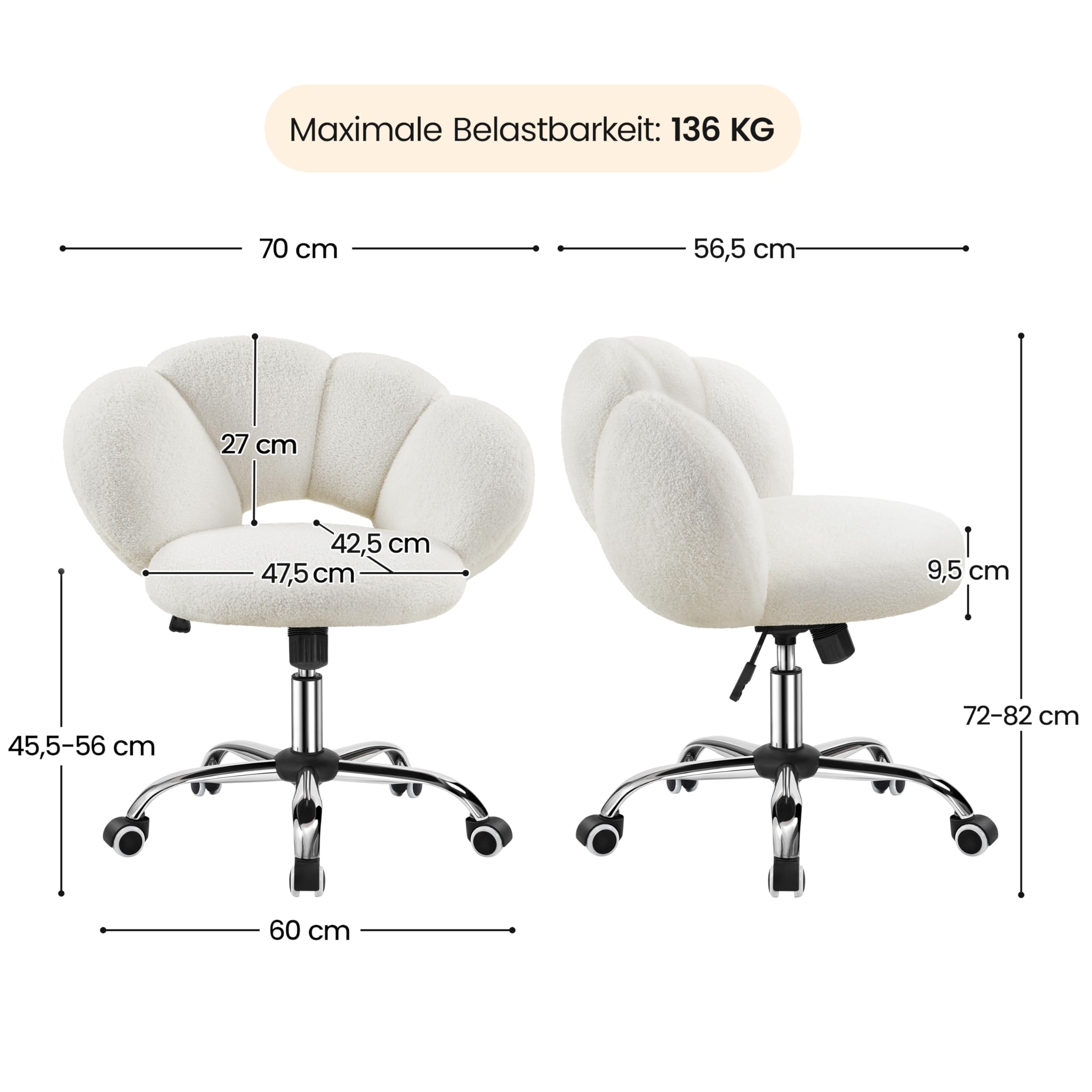 Yaheetech Schreibtischstuhl Bürostuhl Ergonomisch Bürosessel in Wolkenform Schminktischstuhl bis 136 kg Belastbar Computerstuhl Höhenverstellbar für Schlafzimmer Büro Wohnzimmer Weiß