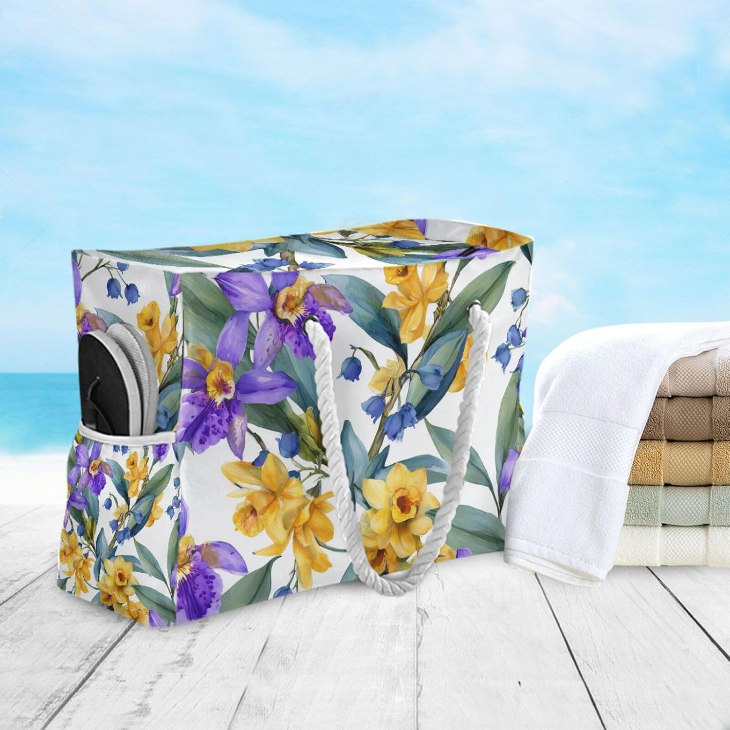 Floral Purple Orchid Pattern Beach Bags for Women Ladies Large Canvas Tote Shoulder Bag Waterproof Travel Bags for Gym Swim Pool Camping