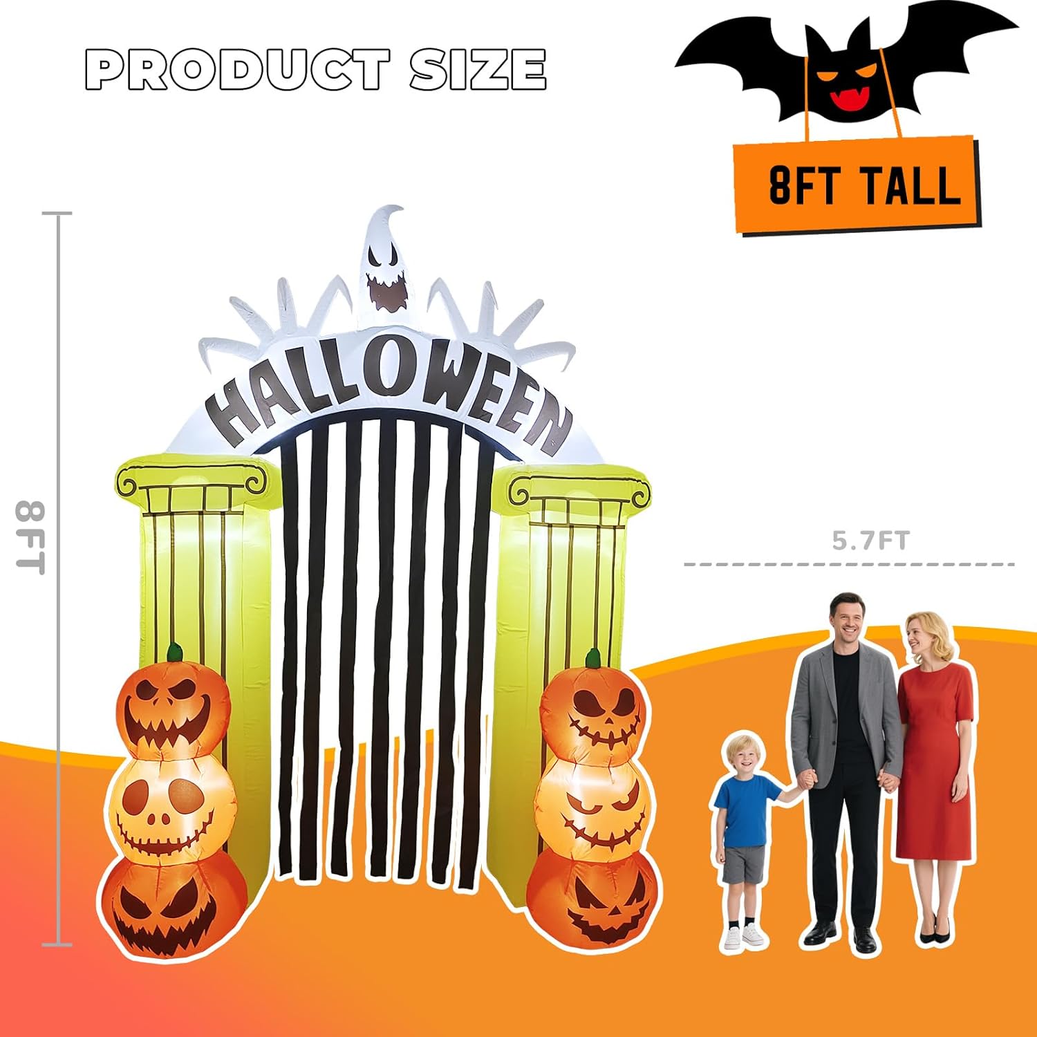 8FT Halloween Inflatable Archway: Spooky Pumpkin Blow Up Decor with LED Lights - Outdoor Halloween Party Decorations for Yard Lawn Garden Porch