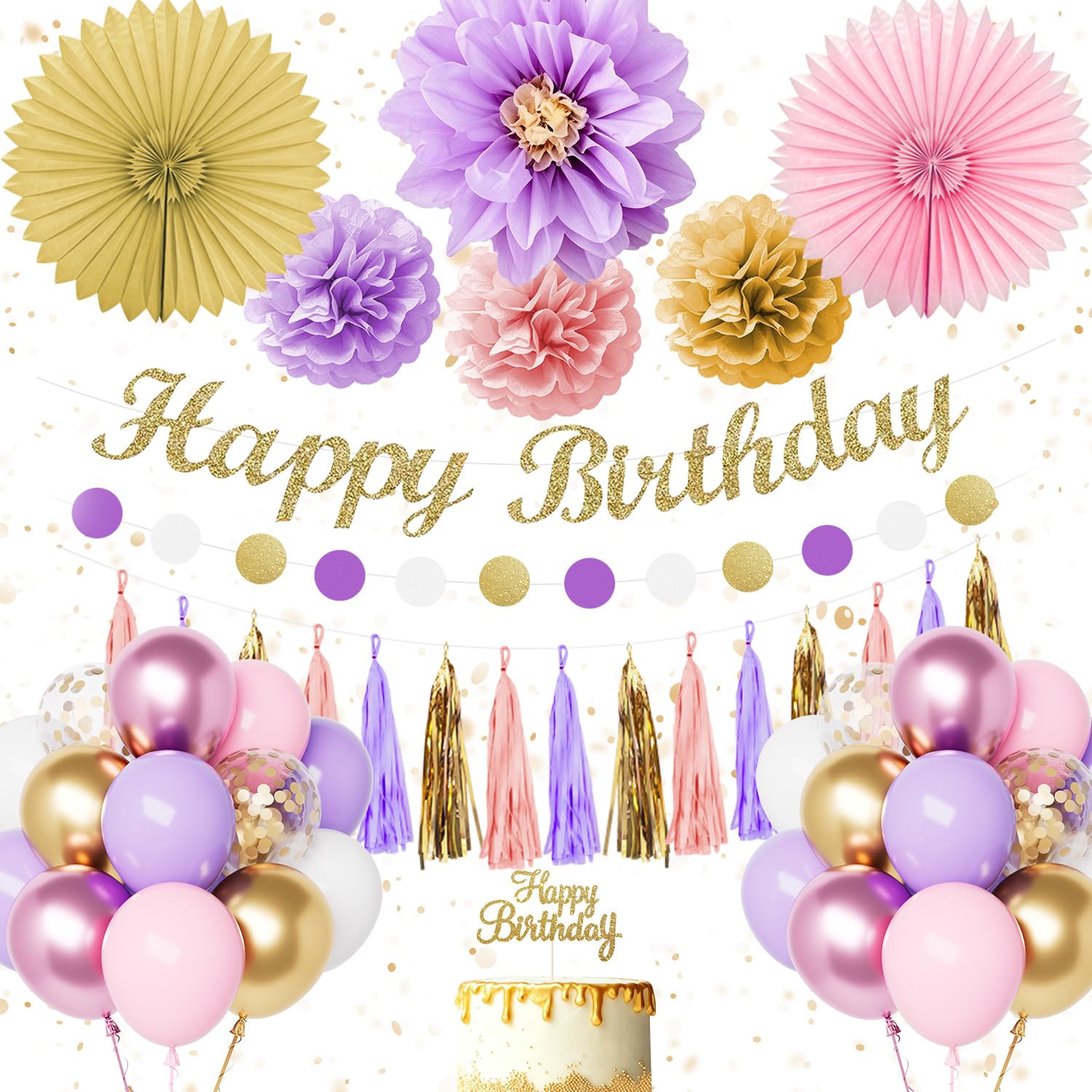 Pink Purple Birthday Party Decorations for Women Girls, Purple Balloons Party Decorations with Happy Birthday Banner, Cake Toppers, Latex Balloons, Paper Pompoms for Women Party Supplies