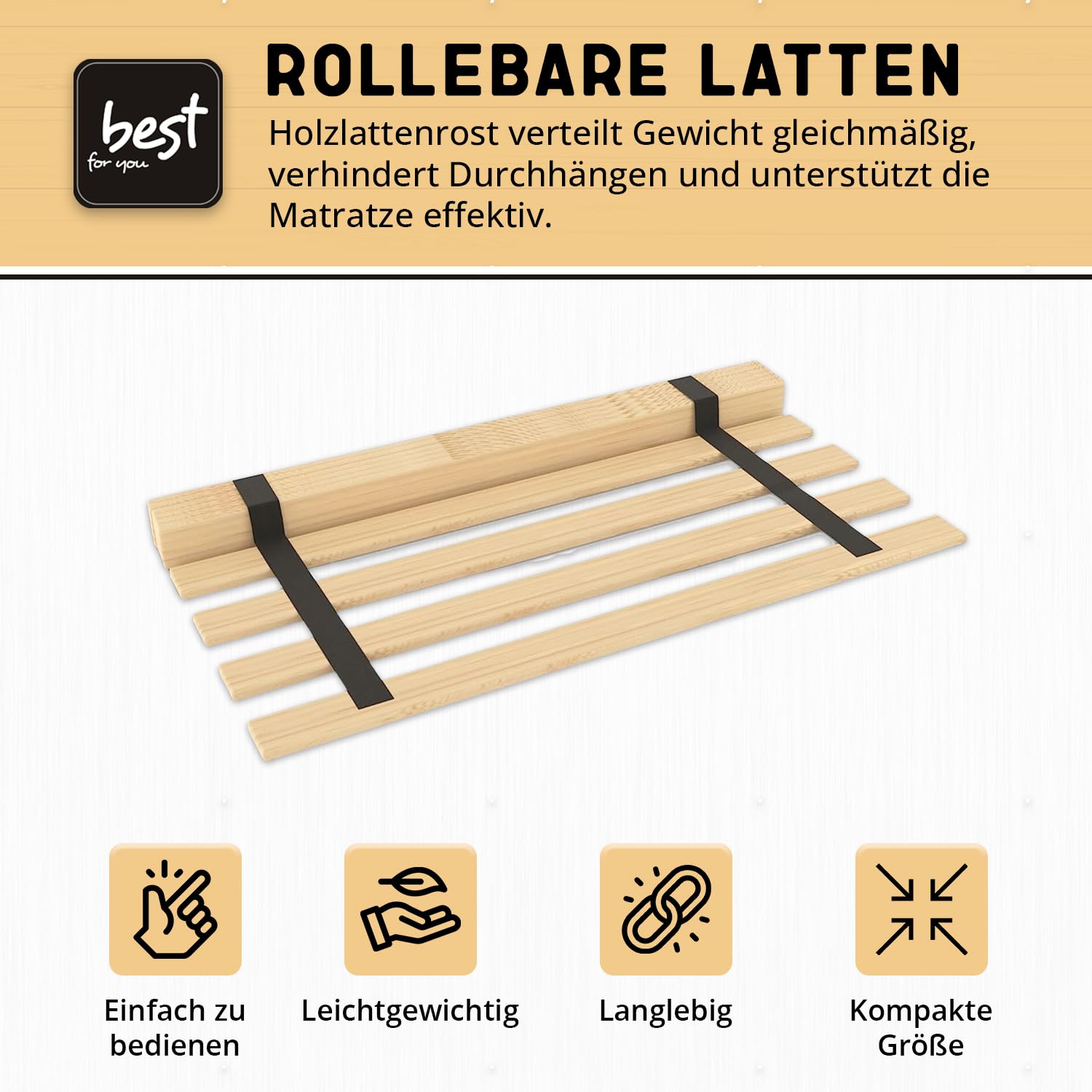 Best For You Rollrost aus 15 oder 20 massiven stabilen Holzlatten Geeignet für alle Matratzen - in viele Größen 60x120 cm - 140x200 cm (90x200-10 Latten)