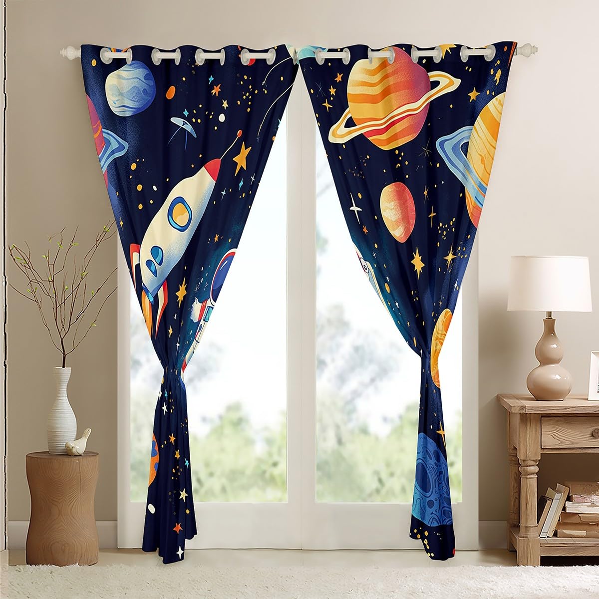 Homemissing Space Rocket Curtains (2 Panels,W46*L72) For Bedroom Kids Boys Teens Cosmonaut Spaceman Window Curtains Outer Space 30%-50% Blackout Curtains Universe Planets Room Decor Window Treatments - Image 4