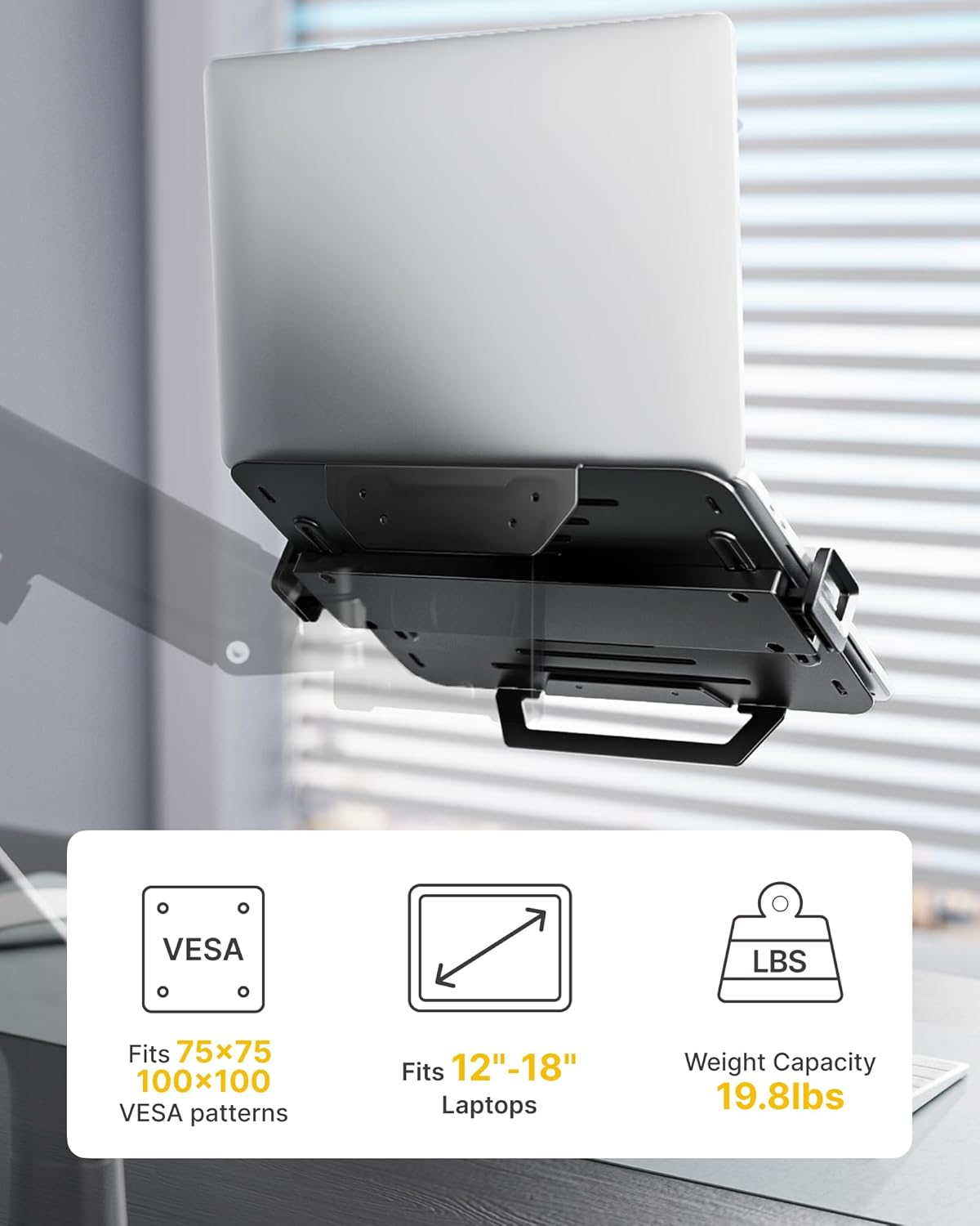monTEK Adjustable Laptop Tray for Monitor Arm & Stand, Universal VESA Mount Laptop Holder 12″–18″, Fits Thick Gaming Laptops, Heavy-Duty Steel up to 19.8lbs, VESA 75x75/100x100 Office/Studio/Gaming